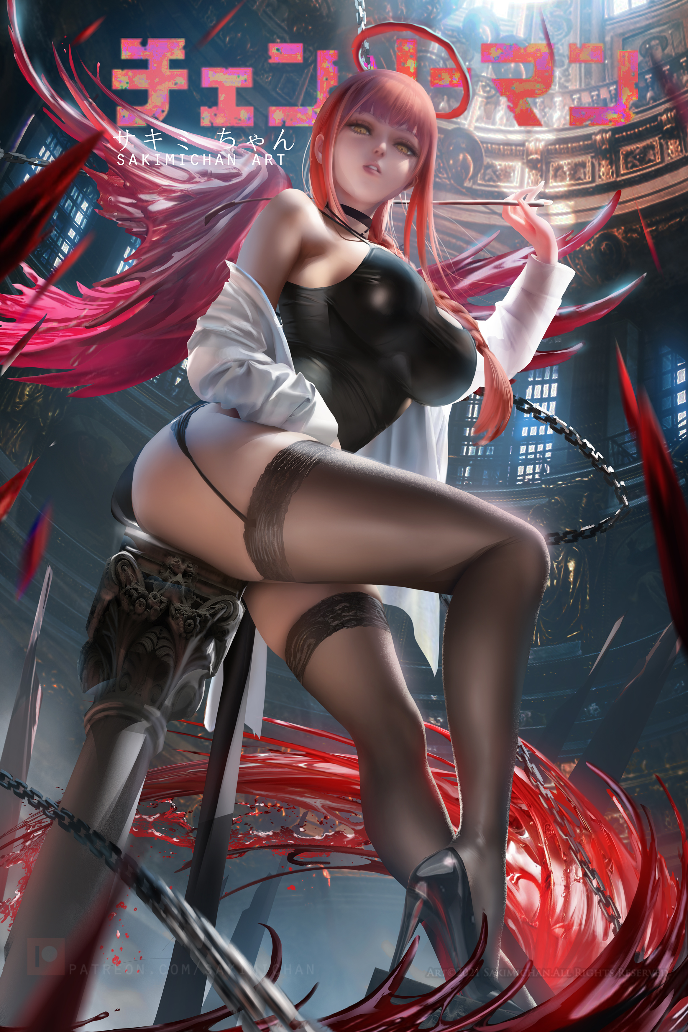 ass, big ass, big breasts, black legwear, black stockings, breasts, chainsaw man, female, garter straps, hair on breasts, high heels, hourglass figure, looking at viewer, looking down, makima (chainsaw man), open shirt, red hair, sakimichan, stockings, white shirt