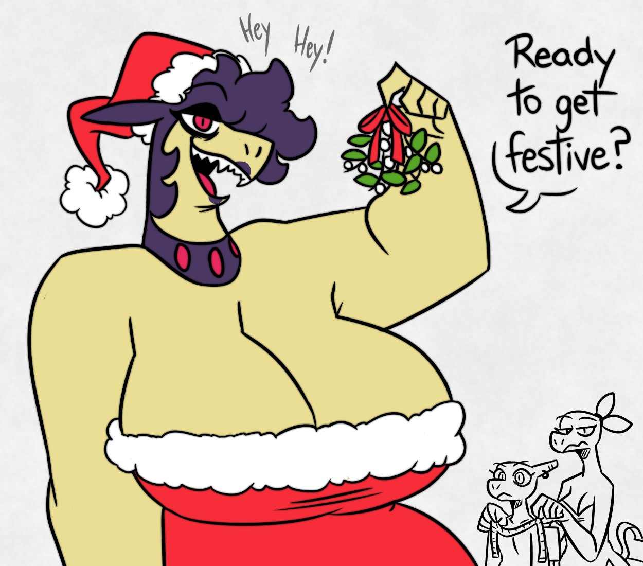 anthro anthrofied big_breasts breasts charmeleon christmas cleavage clothed clothing dialogue english_text female fur furry hisuian_form hisuian_typhlosion holidays large_breasts nerdyreindeer nintendo pokemon pokemon_(species) salazzle solo_focus tagme text typhlosion