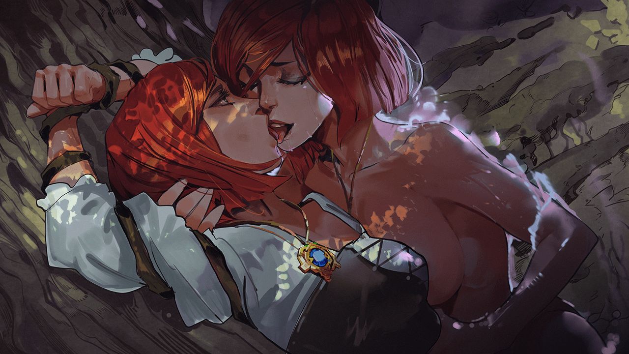 2girls, alexia blackwell, bdsm, big breasts, breasts, clothed, female, female focus, female only, kissing, lezdom, light skin, light-skinned female, multiple females, multiple girls, necklace, nude, nude female, nuder, red hair, restrained, restrained arms, seeds of chaos, selfcest, tongue, tongue out, wine, yuri