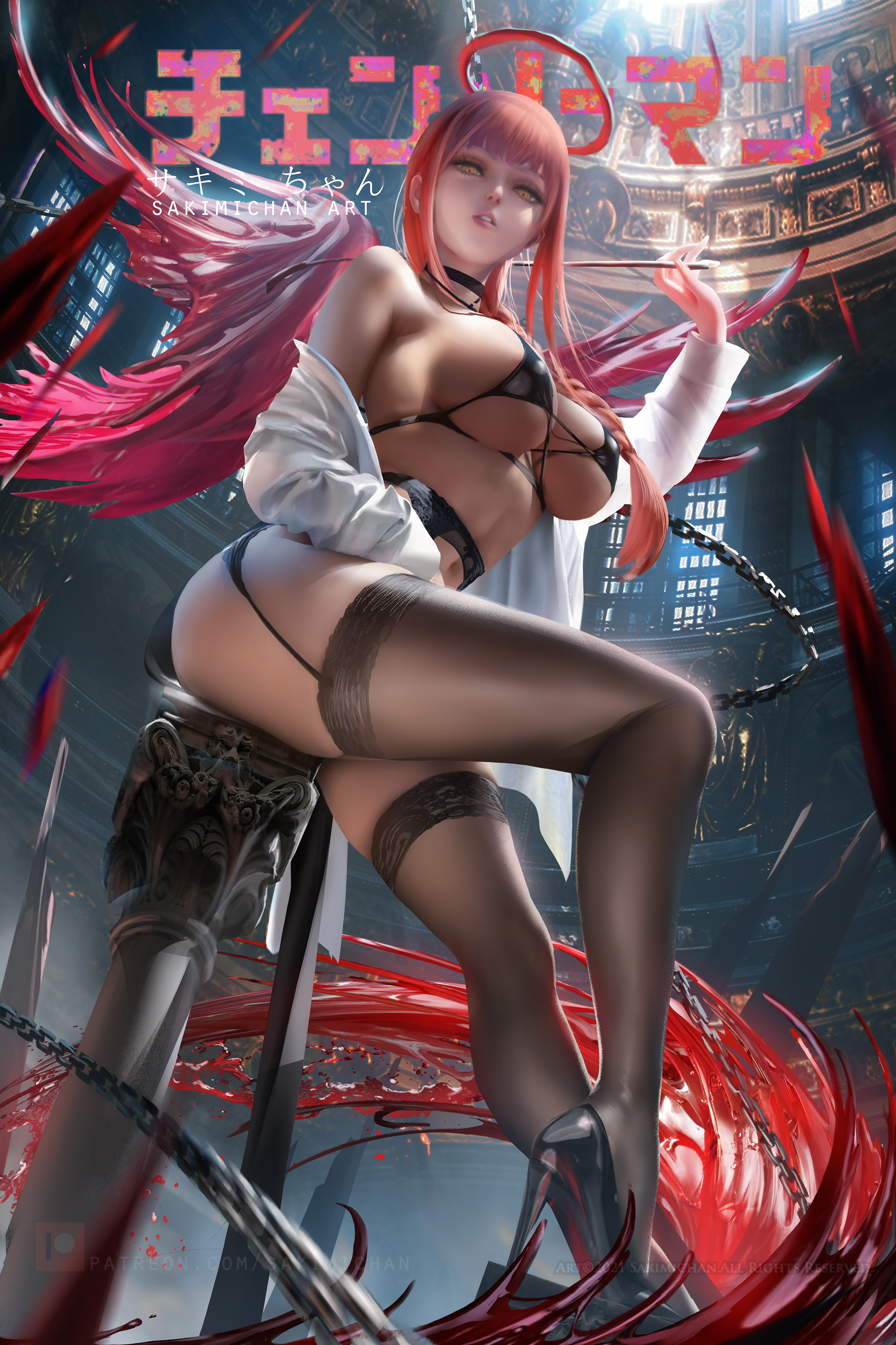 ass, big ass, big breasts, bikini top, black legwear, black stockings, breasts, chainsaw man, female, garter straps, hair on breasts, high heels, hourglass figure, leggings, looking at viewer, looking down, makima (chainsaw man), open shirt, red hair, sakimichan, stockings, white shirt