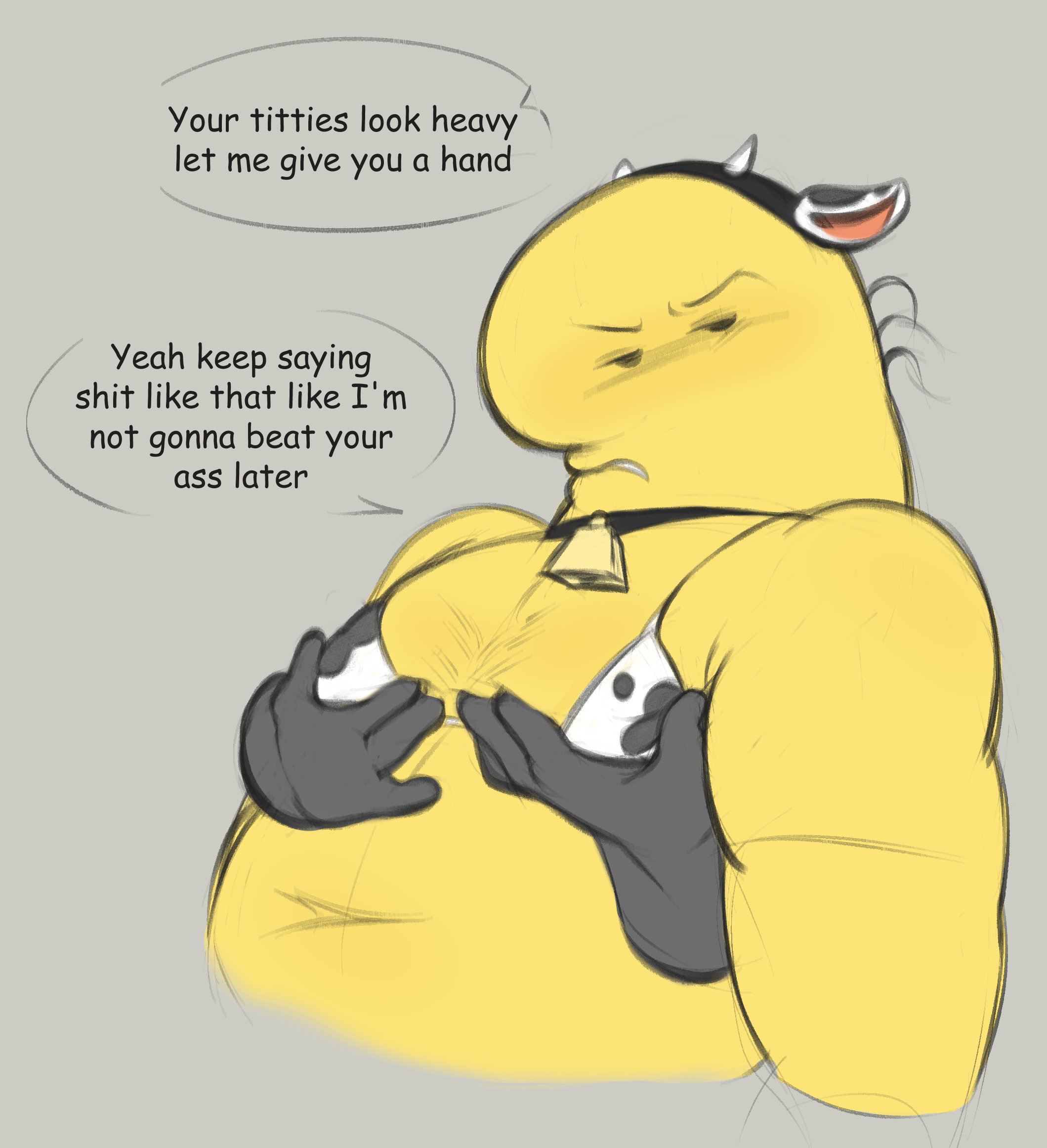 anon, charlie (smiling friends), cow print, cow print bikini, cowbell, disembodied hand, grope, imentallyunwell, male, male only, moobs, nipple grope, overweight, overweight male, smiling friends, solo male, threat
