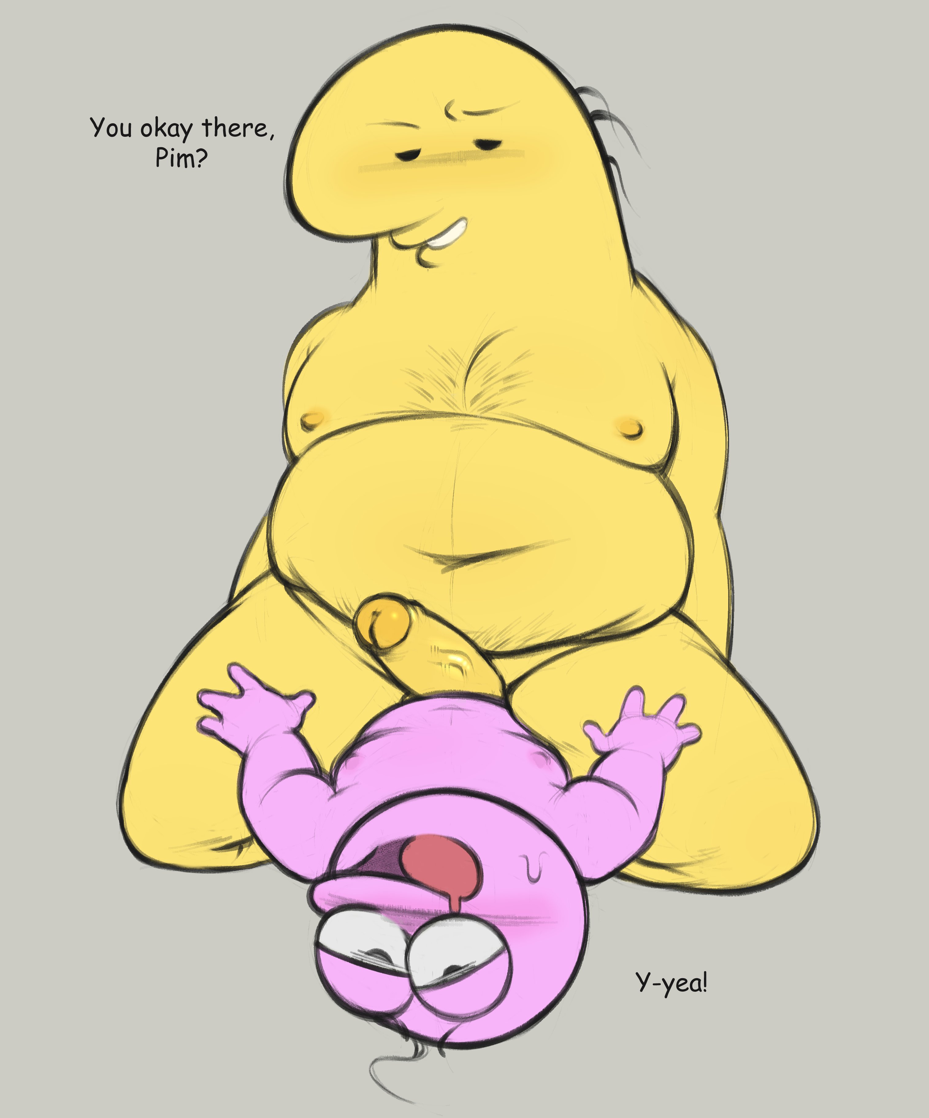 anal sex, charlie (smiling friends), dialogue, english text, erection, gay, imentallyunwell, larger penetrated, looking pleasured, male, male only, male/male, penis, pim (smiling friends), pink skin, power bottom, sex, size difference, smaller penetrating, smiling friends, toony, yaoi, yellow skin