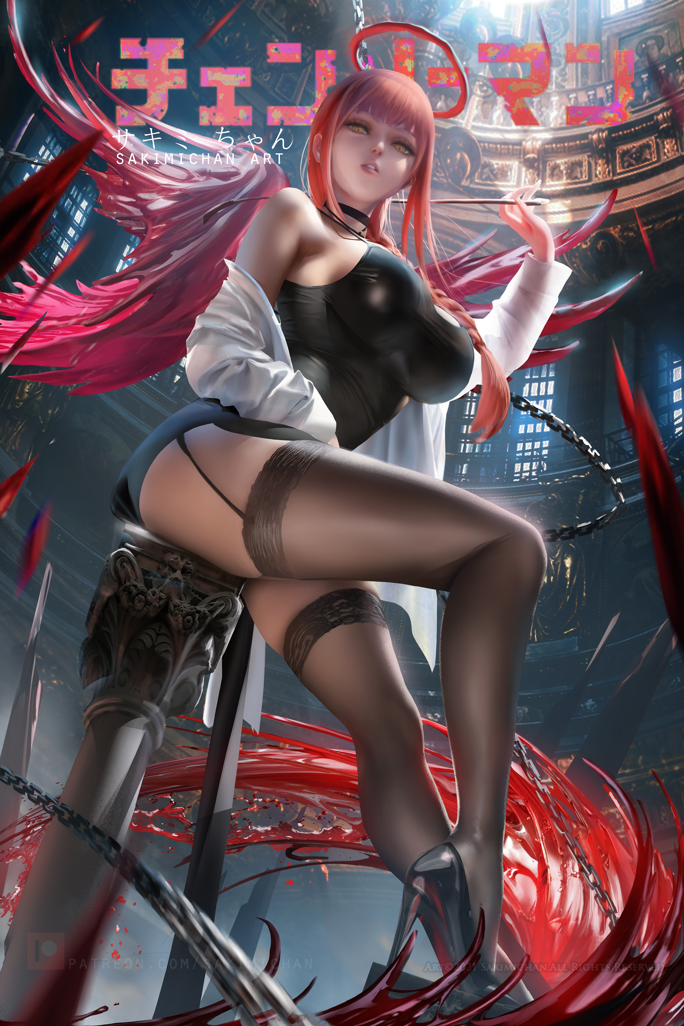 ass, big ass, big breasts, black legwear, black stockings, breasts, chainsaw man, female, garter straps, hair on breasts, high heels, hourglass figure, looking at viewer, looking down, makima (chainsaw man), open shirt, red hair, sakimichan, stockings, white shirt