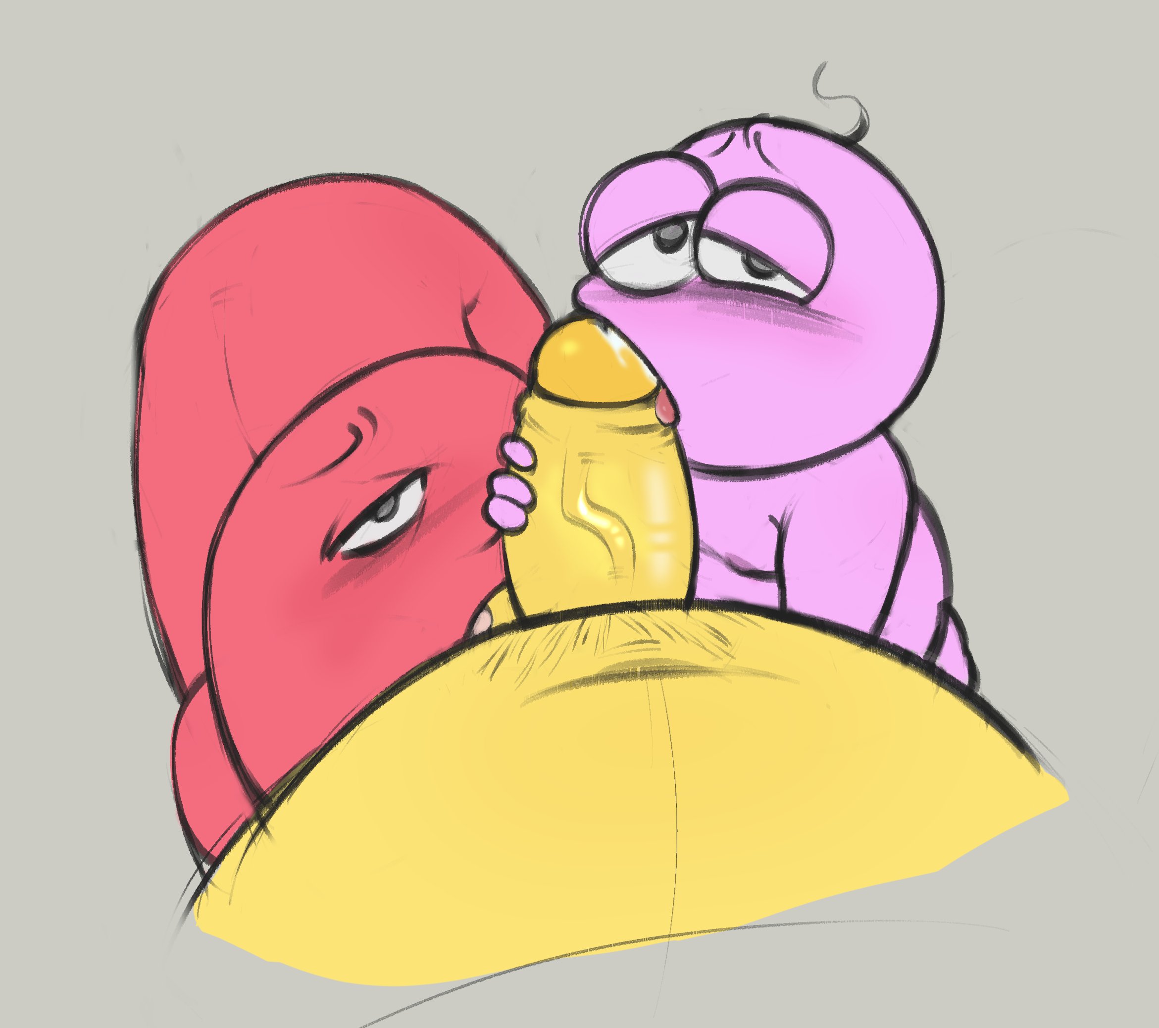 alan (smiling friends), balls, balls suck, charlie (smiling friends), double oral, erection, fellatio, gay, group sex, imentallyunwell, male, male only, male/male, oral sex, penis, pim (smiling friends), pink skin, red skin, sex, size difference, smiling friends, toony, yaoi, yellow skin
