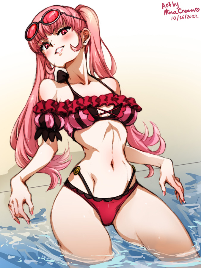 1girls alternate_costume bangs bikini blush breasts ear_piercing eyewear_on_head female female_only fire_emblem fire_emblem:_three_houses hilda_valentine_goneril hilda_valentine_goneril_(summer) long_hair looking_at_viewer medium_breasts minacream nail_polish navel nintendo official_alternate_costume open_mouth outdoors partially_submerged piercing pink_bikini pink_eyes pink_hair pink_nails pink_swimsuit smile solo sunglasses swimsuit thick_thighs thighs twintails water wet