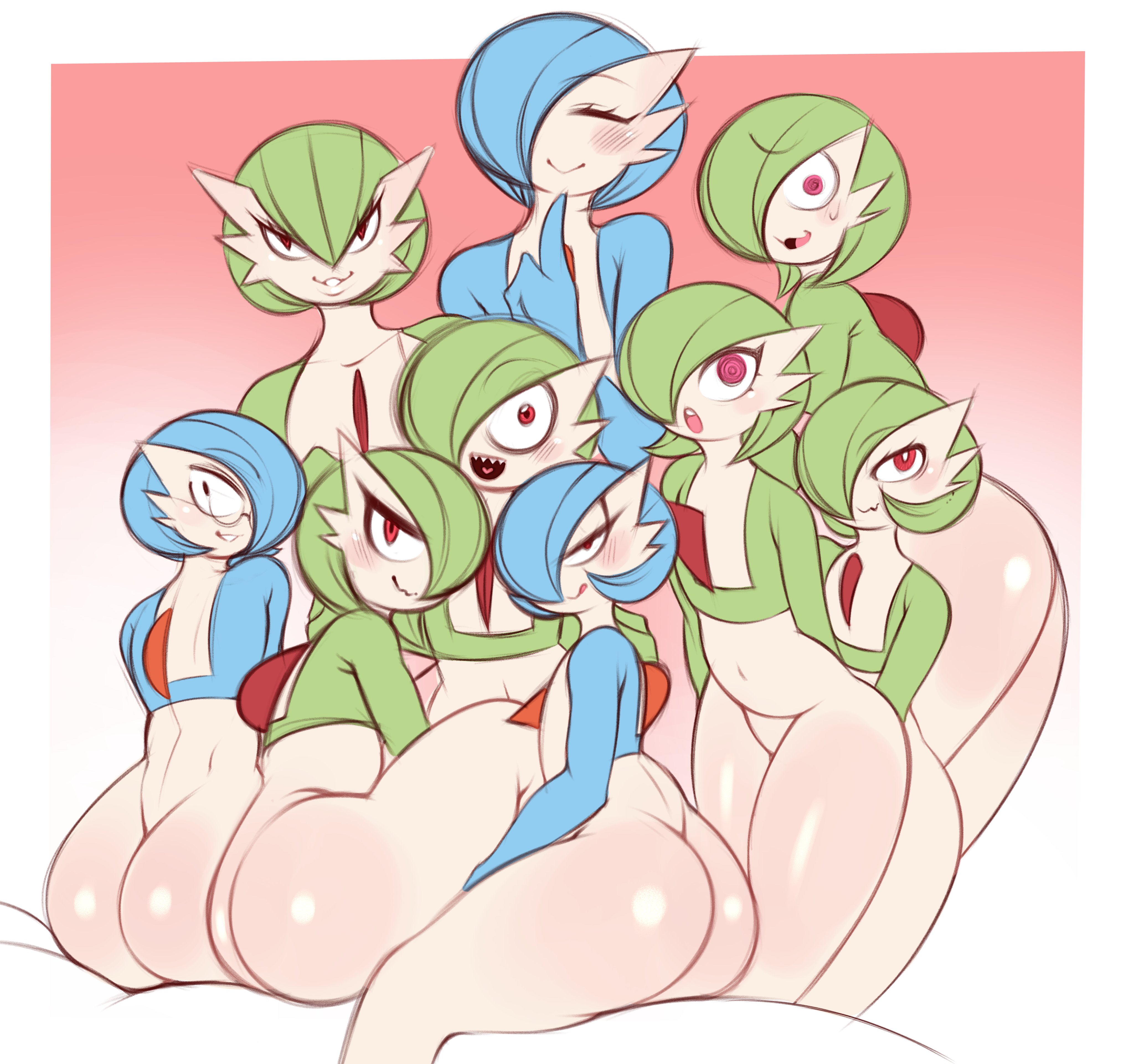 6+girls, 9girls, anthro, anthro only, ass, back view, big ass, blue hair, female, female only, gardevoir, green hair, huge ass, naughty face, nintendo, nude, pokémon (species), pokemon, pokemon (species), red eyes, saltyxodium, shiny gardevoir, shiny pokemon, short hair, suggestive look, thick ass, white body