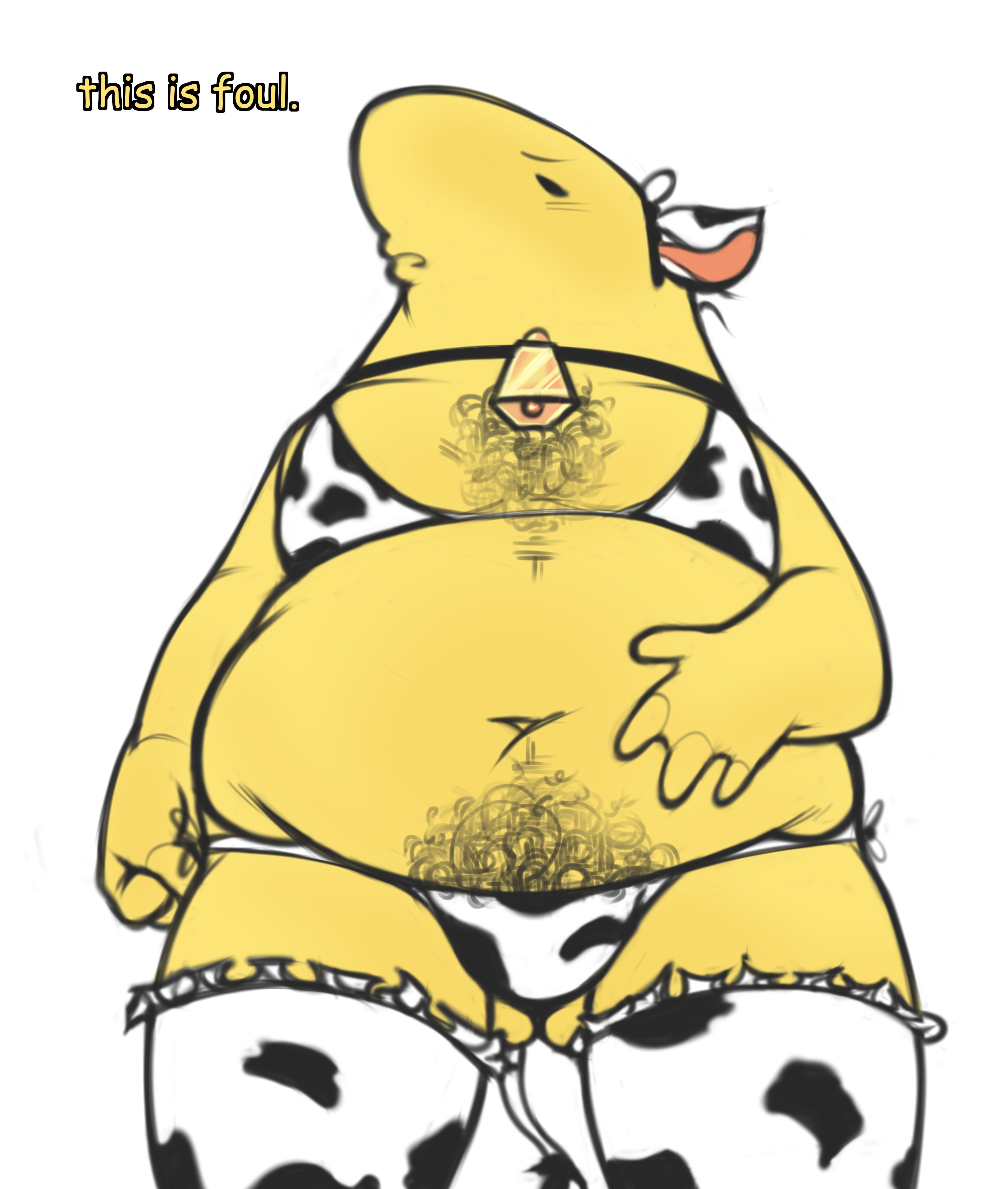annoyed, charlie (smiling friends), chest hair, collar, cosplay, cow print, cow print bikini, cowbell, imentallyunwell, male, male only, overweight, overweight male, pubes, skimpy, smiling friends, toony, yellow skin