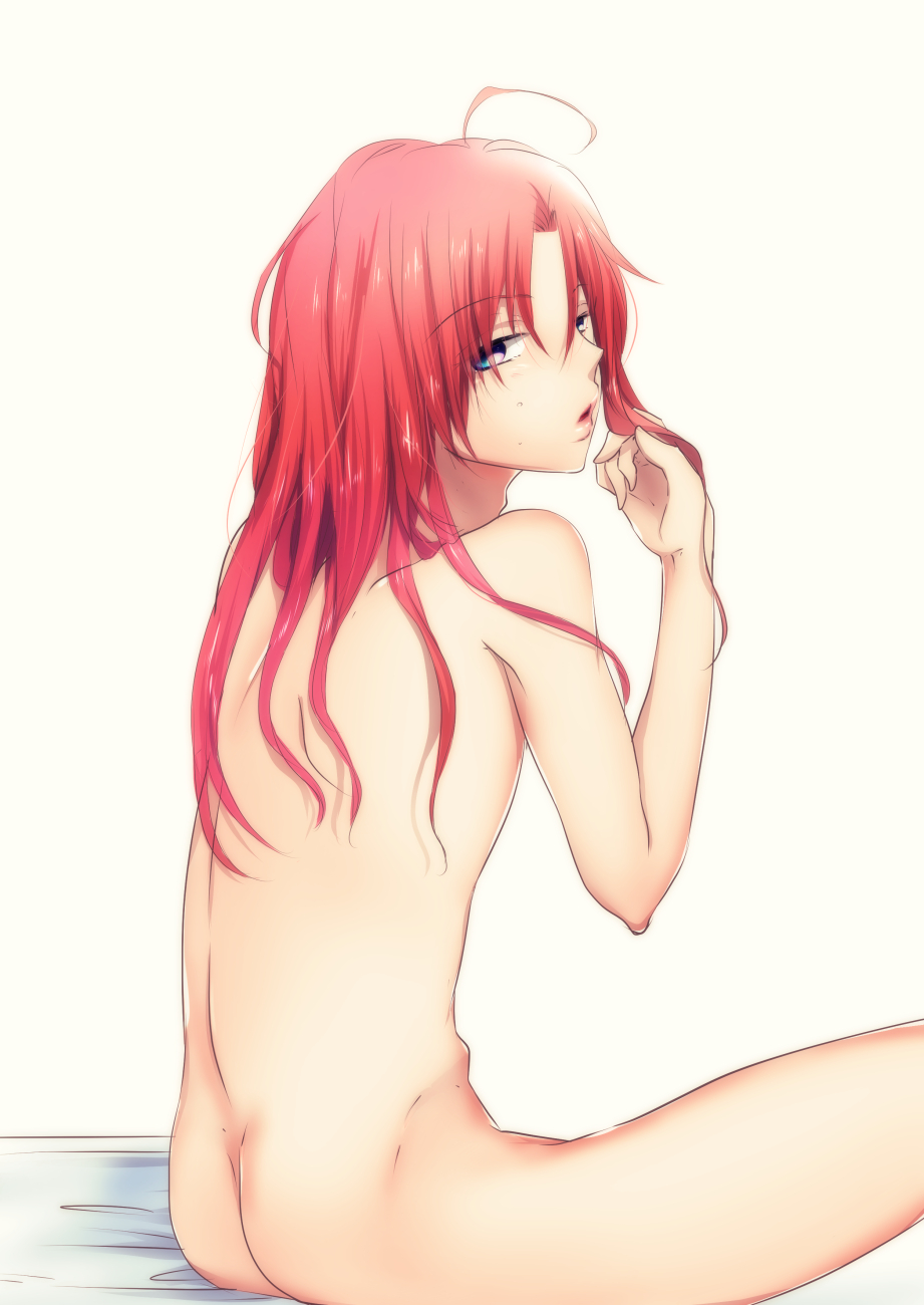 after_sex ahoge androgynous bishonen blue_eyes completely_nude feminine_male gintama hair_down kamui_(gintama) long_hair long_hair_male looking_at_viewer looking_back male male_only messy_hair nude parted_lips red_hair sitting solo