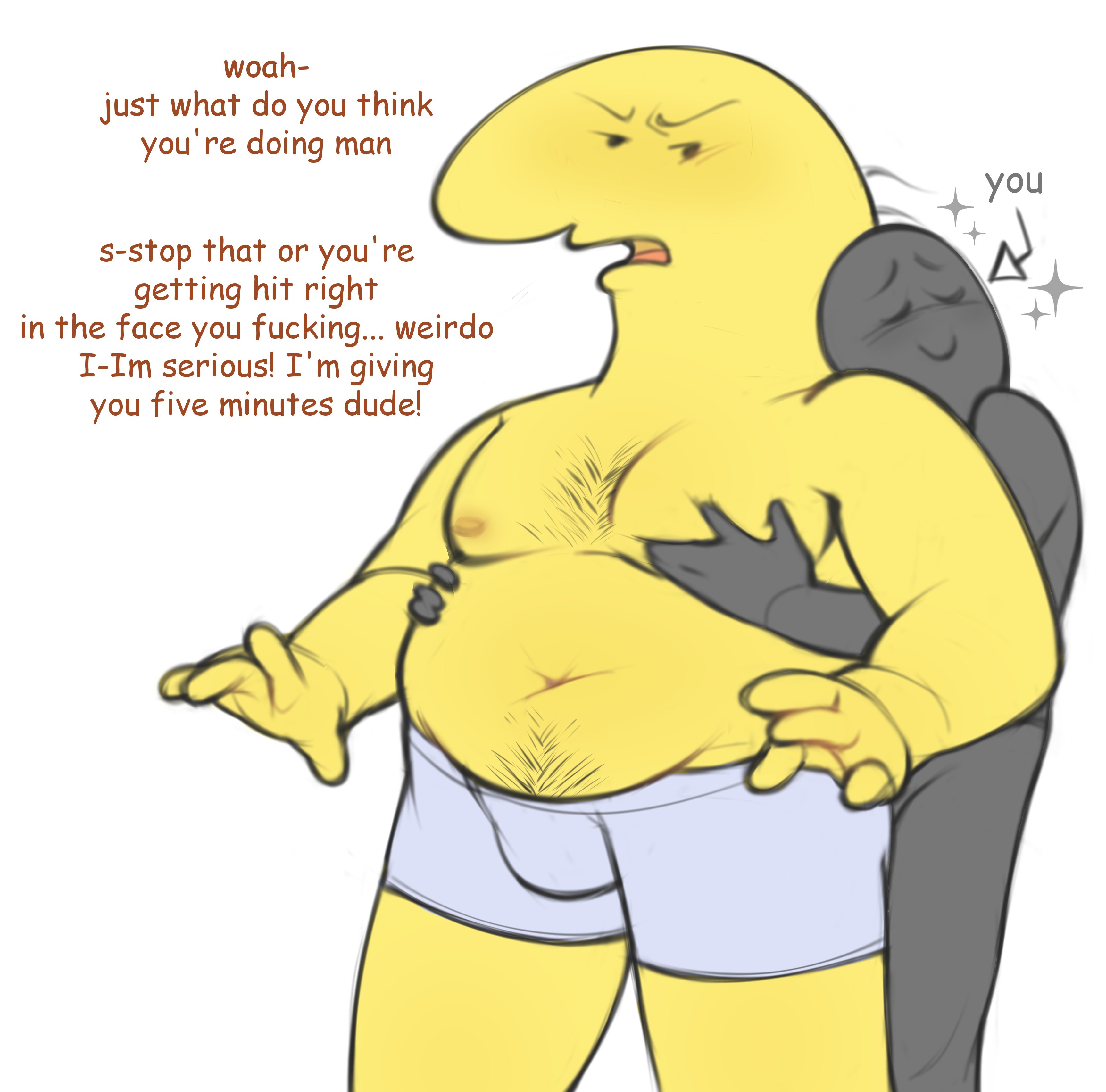 ambiguous gender, annoyed, anon, body hair, charlie (smiling friends), chubby male, embrace, english text, human, imentallyunwell, male, male only, profanity, slightly chubby, smiling friends, sweat, text, threat, topless, topless male, underwear, yellow skin