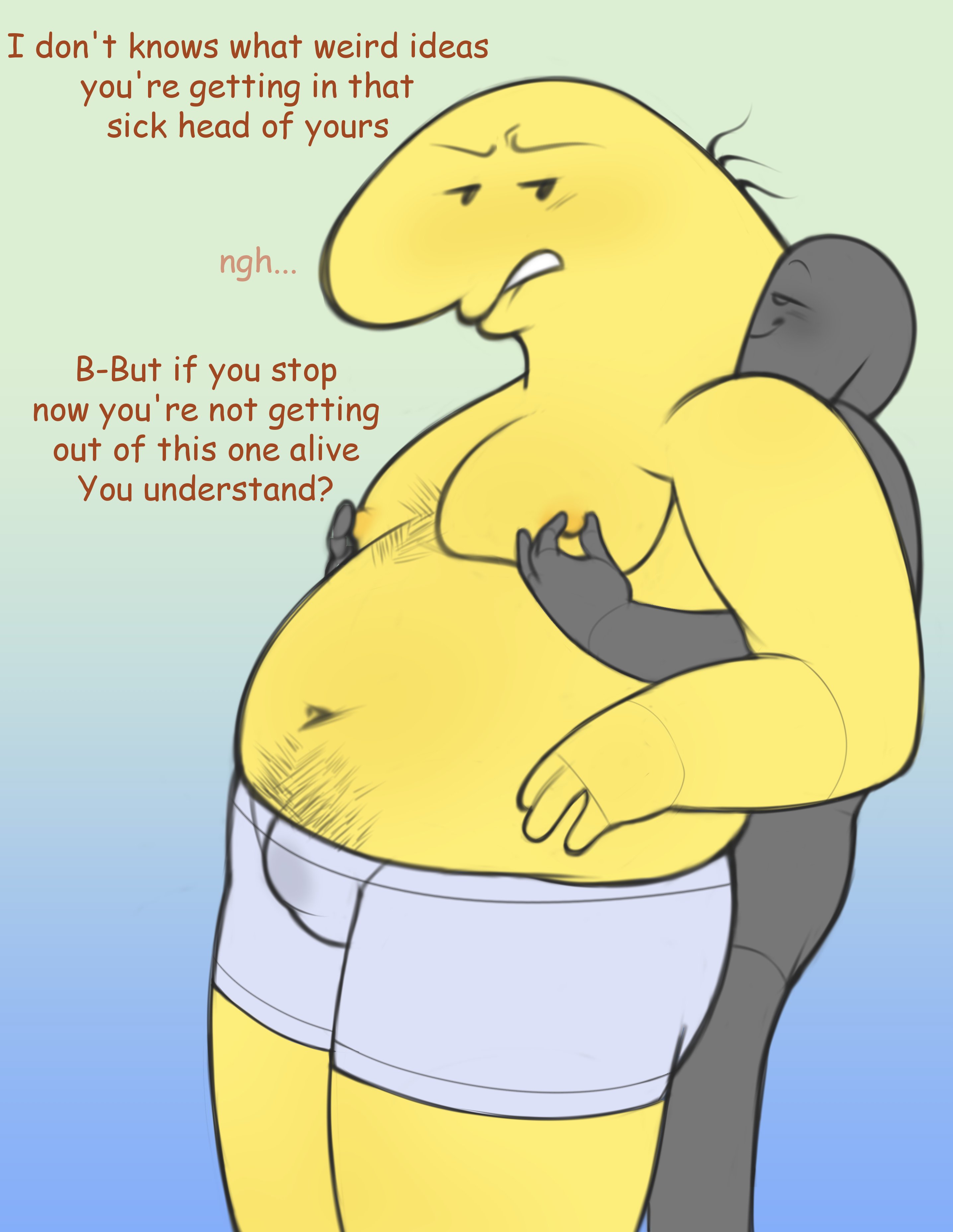 annoyed, anon, body hair, bulge, charlie (smiling friends), chest hair, groping, human, imentallyunwell, male, male only, nipple play, slightly chubby, smiling friends, threat, underwear