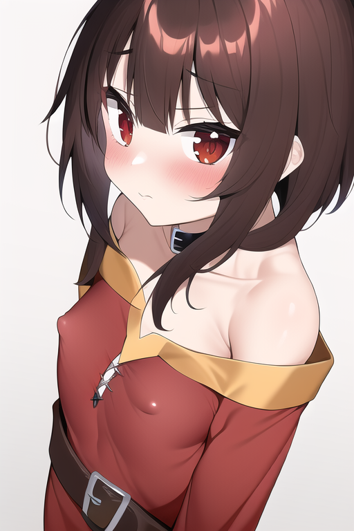 1girls, ai generated, black choker, blush, brown hair, cute, female, kono subarashii sekai ni shukufuku wo!, looking at viewer, megumin, nai diffusion, nipples, nipples visible through clothing, petite, red eyes, shoulders, smile, stable diffusion