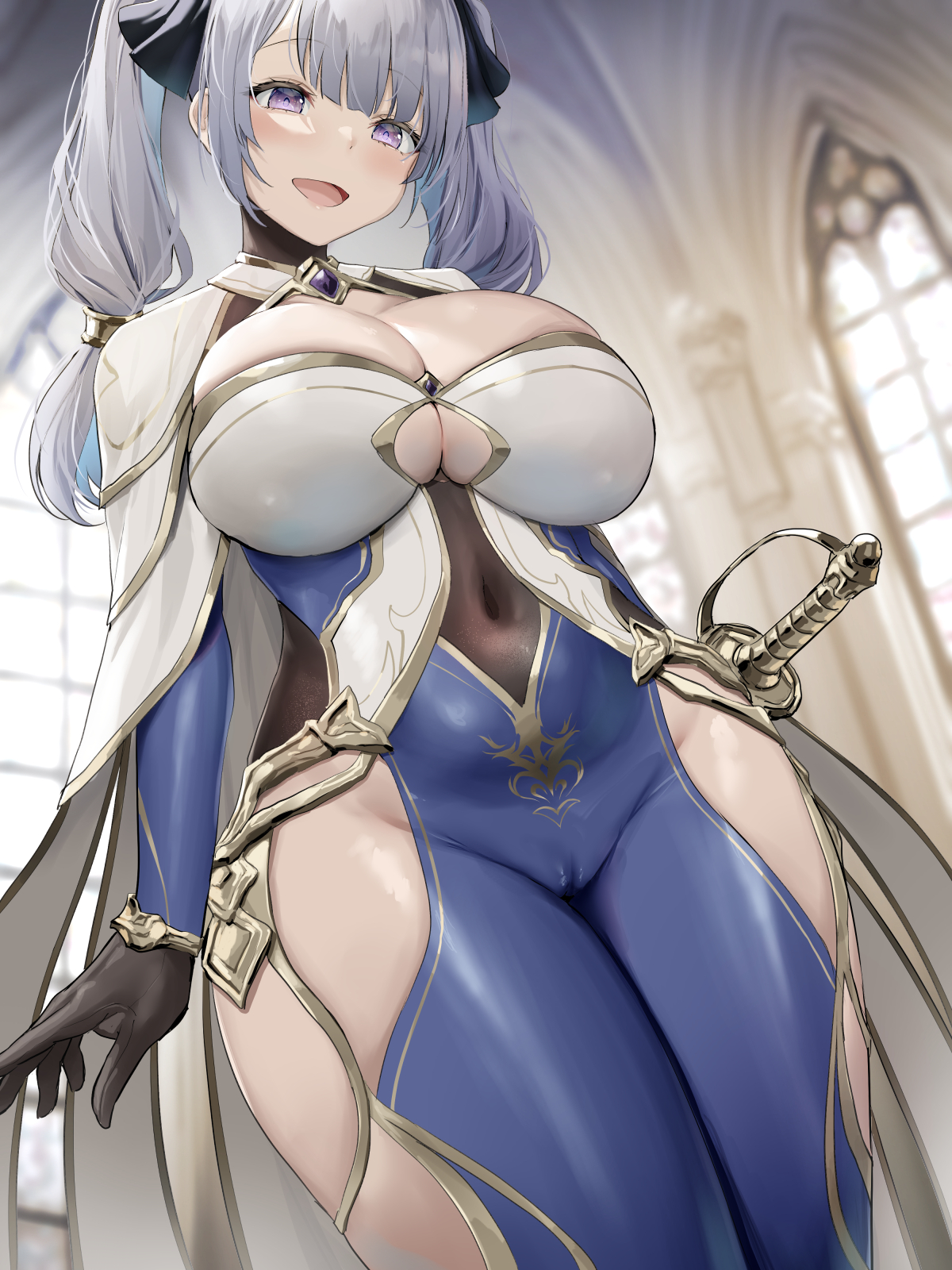 1girls, blush, breasts, cleavage, female, huge breasts, indoors, light skin, light-skinned female, long hair, oekakizuki, original, original character, purple eyes, revealing clothes, smile, sword, thick thighs, tight clothing, white hair, wide hips