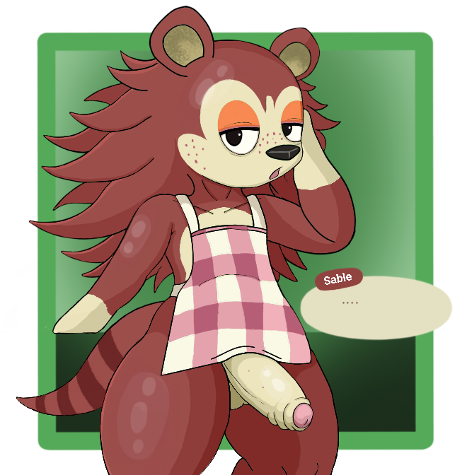 animal_crossing anthro apron balls brown_body brown_fur clothing eulipotyphlan fur genitals hand_on_head hedgehog male male_only mammal nintendo penis poraka7 rule_63 sable_able solo thick_thighs video_games