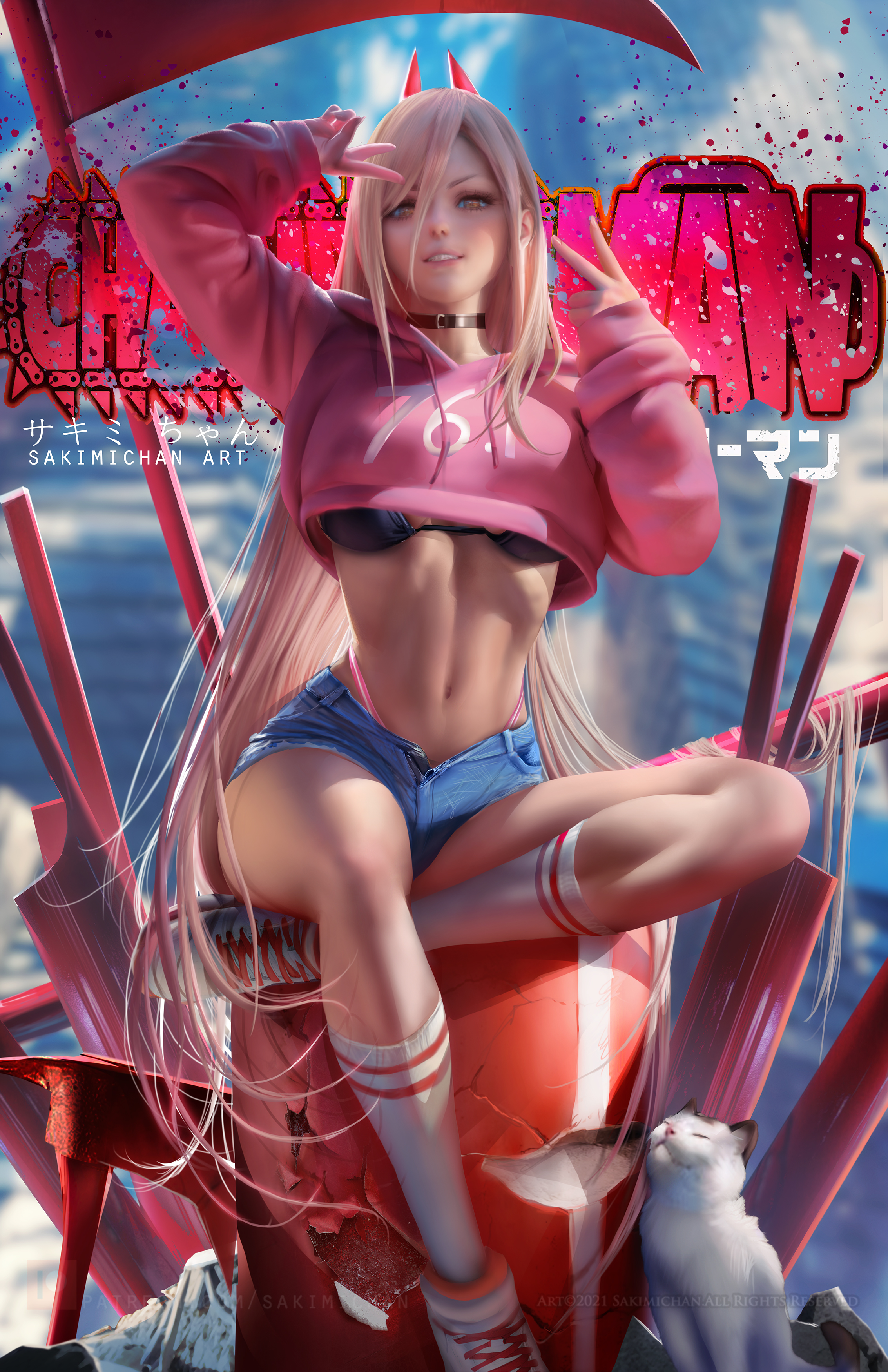 1girls, big breasts, blonde hair, booty shorts, breasts, chainsaw man, choker, crop top, demon, demon girl, denim shorts, feline, female, grin, high socks, horns, jean shorts, long hair, meowy (chainsaw man), peace sign, power (chainsaw man), sakimichan, short shorts, shorts, smile, weapon, yellow eyes