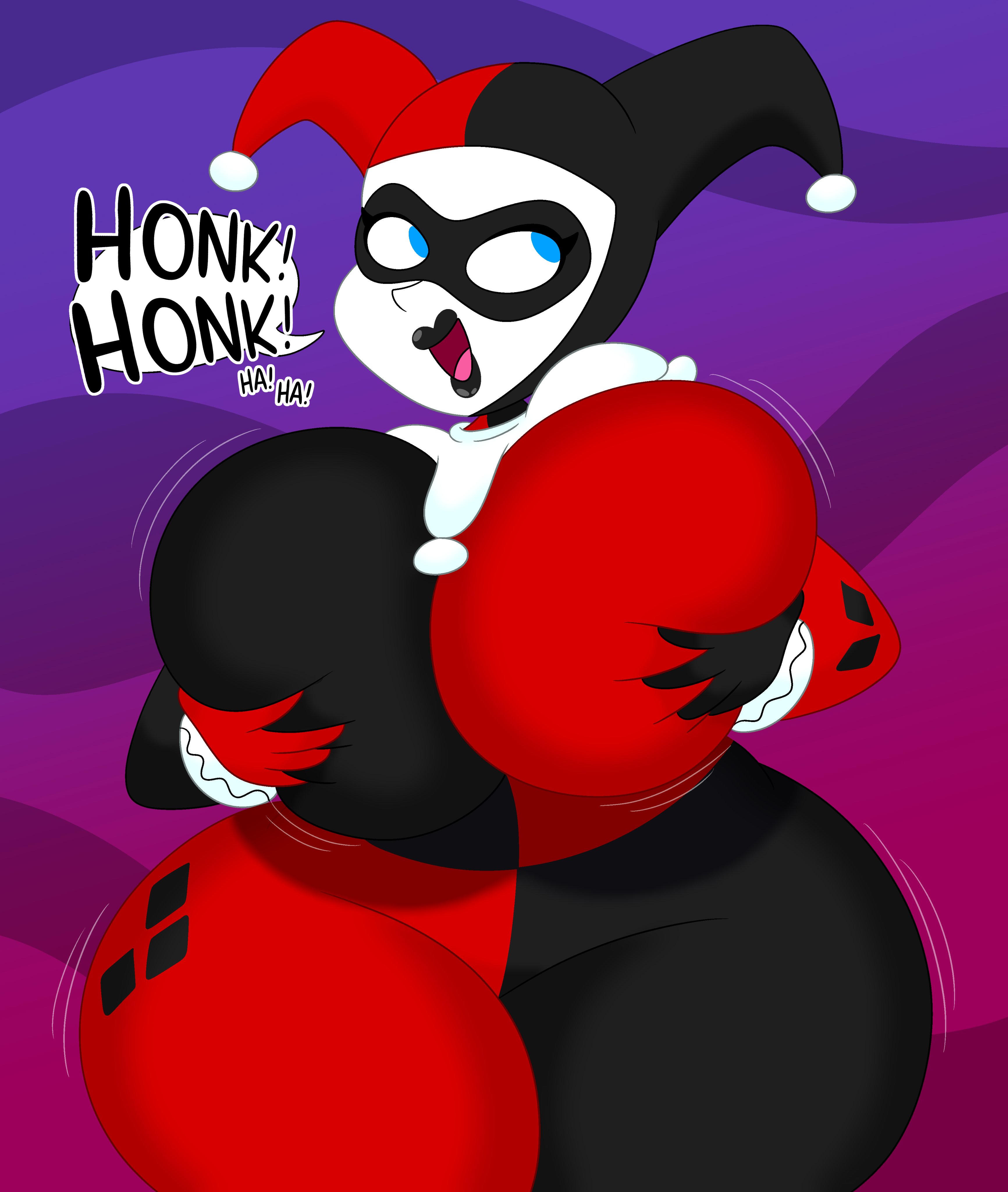 1girls, 3barts, batman (series), batman: the animated series, big breasts, bodysuit, breast grab, breasts, busty, clothing, dc, dc comics, dialogue, female, female only, grabbing own breast, groping, groping breasts, harley quinn, harley quinn (classic), huge breasts, hyper breasts, large breasts, self fondle, solo, speech bubble, text, thick thighs, thunder thighs, wide hips