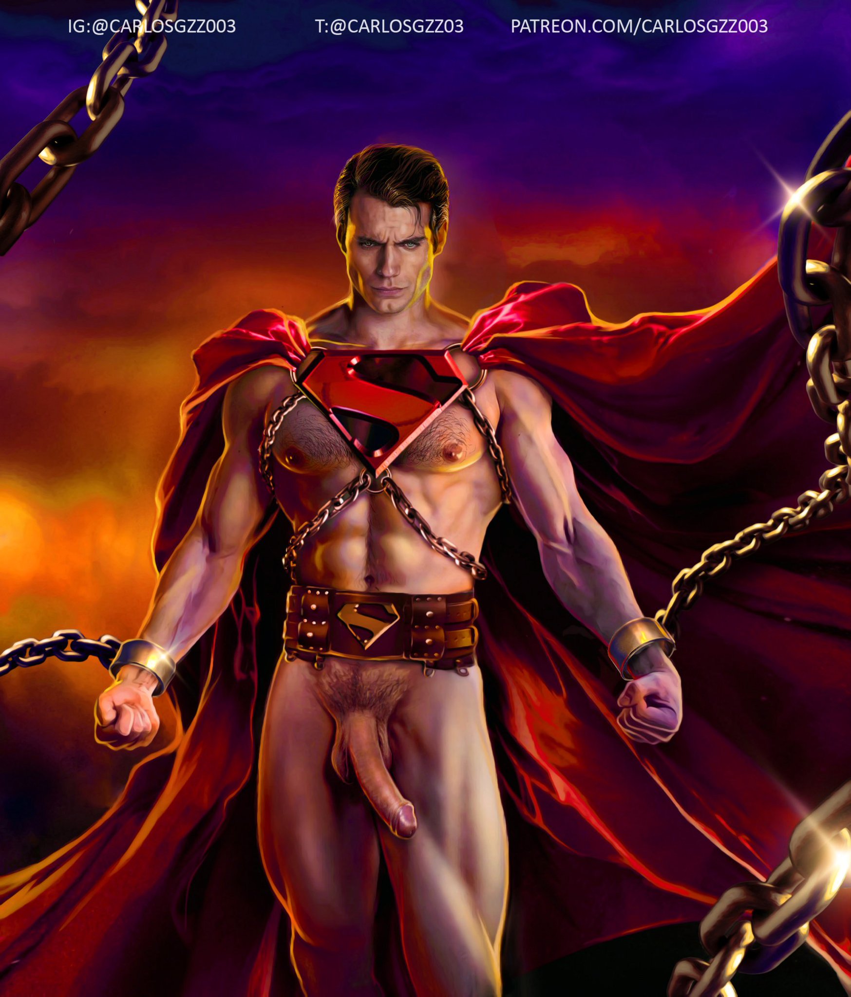actor, big cock, big penis, boner, bound, cape, carlos gzz, celebrity, chains, clark kent, dc, dc comics, erect penis, erection, foreskin, hard on, henry cavill, huge cock, in character, kal-el, looking at viewer, male, male only, muscles, muscular, muscular male, penis, superman, superman (clark kent), superman (series), tied up, uncircumcised, uncut, veiny penis