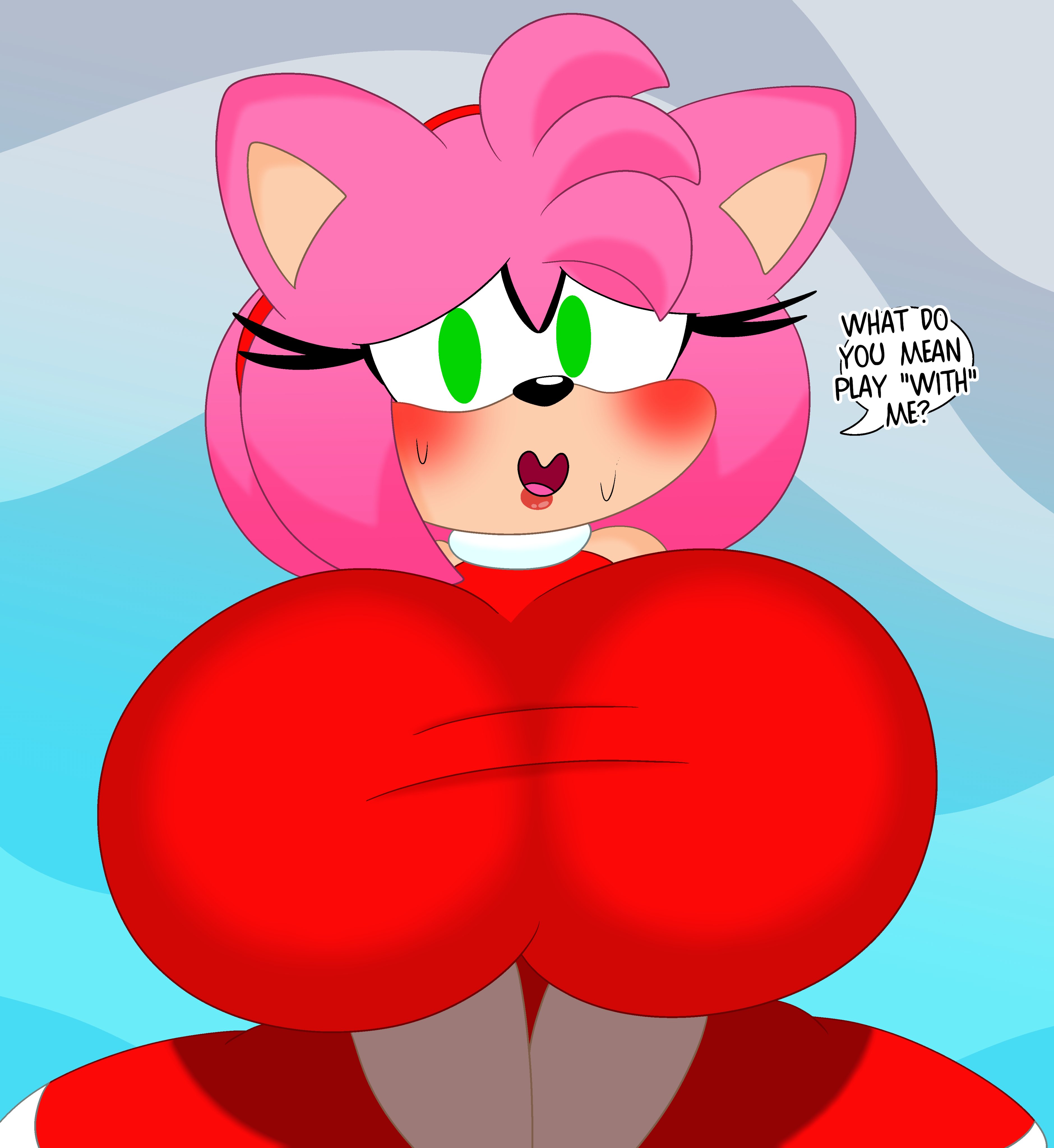 1girls, 3barts, amy rose, anthro, big breasts, blush, breasts, busty, clothing, dialogue, dress, female, female only, green eyes, hedgehog, huge breasts, large breasts, looking at viewer, mobian (species), nervous sweat, pink hair, red dress, sega, solo, sonic (series), sonic the hedgehog (series), sweat, talking to viewer, text
