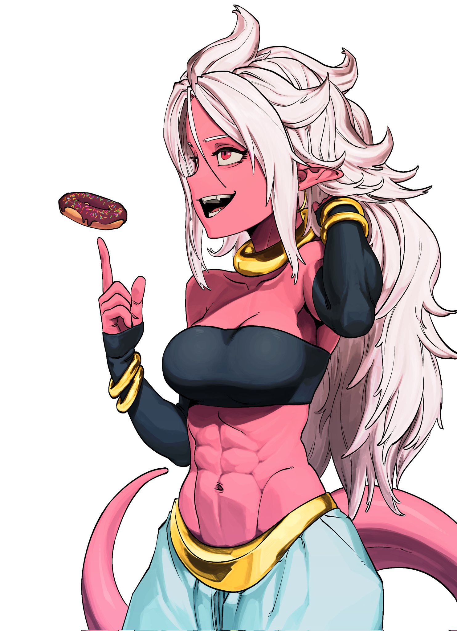 abs, alien, alien girl, android 21, arabian clothes, bare shoulders, belly button, bracelet, breasts, colored skin, doughnut, dragon ball, dragon ball fighterz, dragon ball z, eight pack, fangs, female, food, harem outfit, jewelry, majin android 21, medium breasts, middle eastern clothing, muscular, muscular female, navel, open mouth, persian clothing, pink body, pink skin, pointy ears, red eyes, six pack, smile, solo, solo female, spiky hair, tail, toned, toned female, white hair, zquung