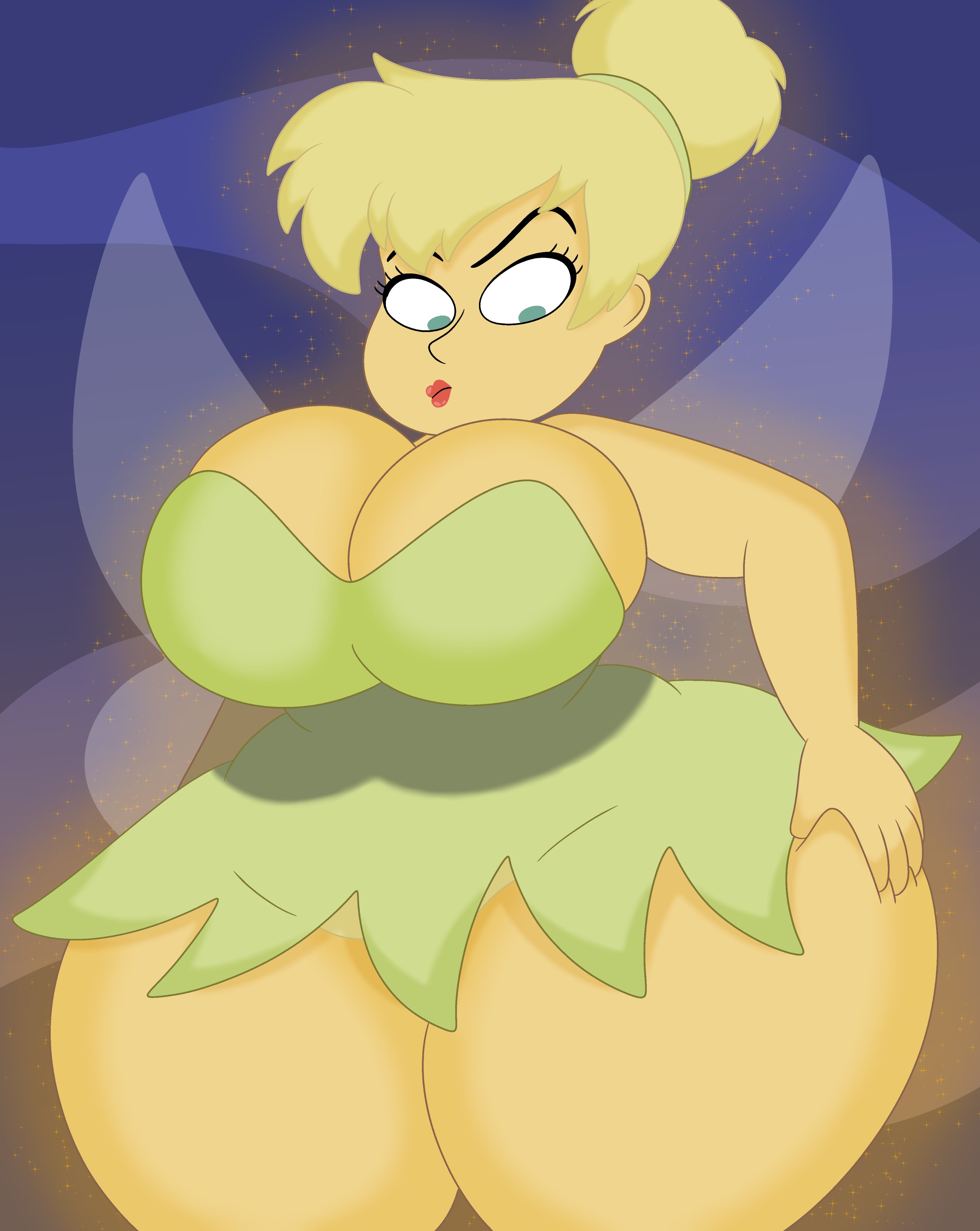 1girls, 2d, 2d (artwork), 3barts, big breasts, blonde hair, breasts, clothing, disney, disney fairies, dress, fairy, fairy wings, female, female only, giant breasts, glowing, green eyes, hair bun, huge breasts, huge thighs, peter pan (disney), plump thighs, solo, thick, thick thighs, tied hair, tinker bell, voluptuous, voluptuous female, wide hips, wings