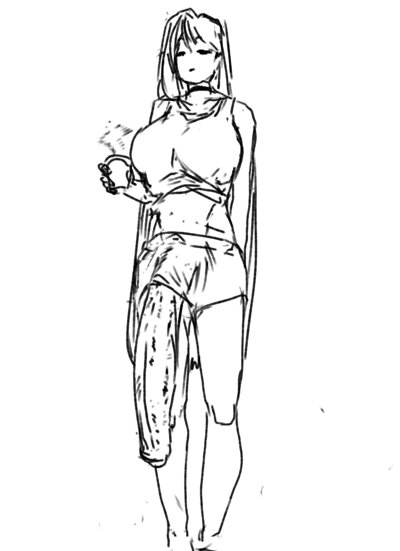 1futa, breasts, clothed, clothing, flaccid, full body, futa only, futanari, gigantic penis, huge cock, human, intersex, khentaiu, long penis, monochrome, mostly clothed, penis, penis through leghole, sketch, solo, standing