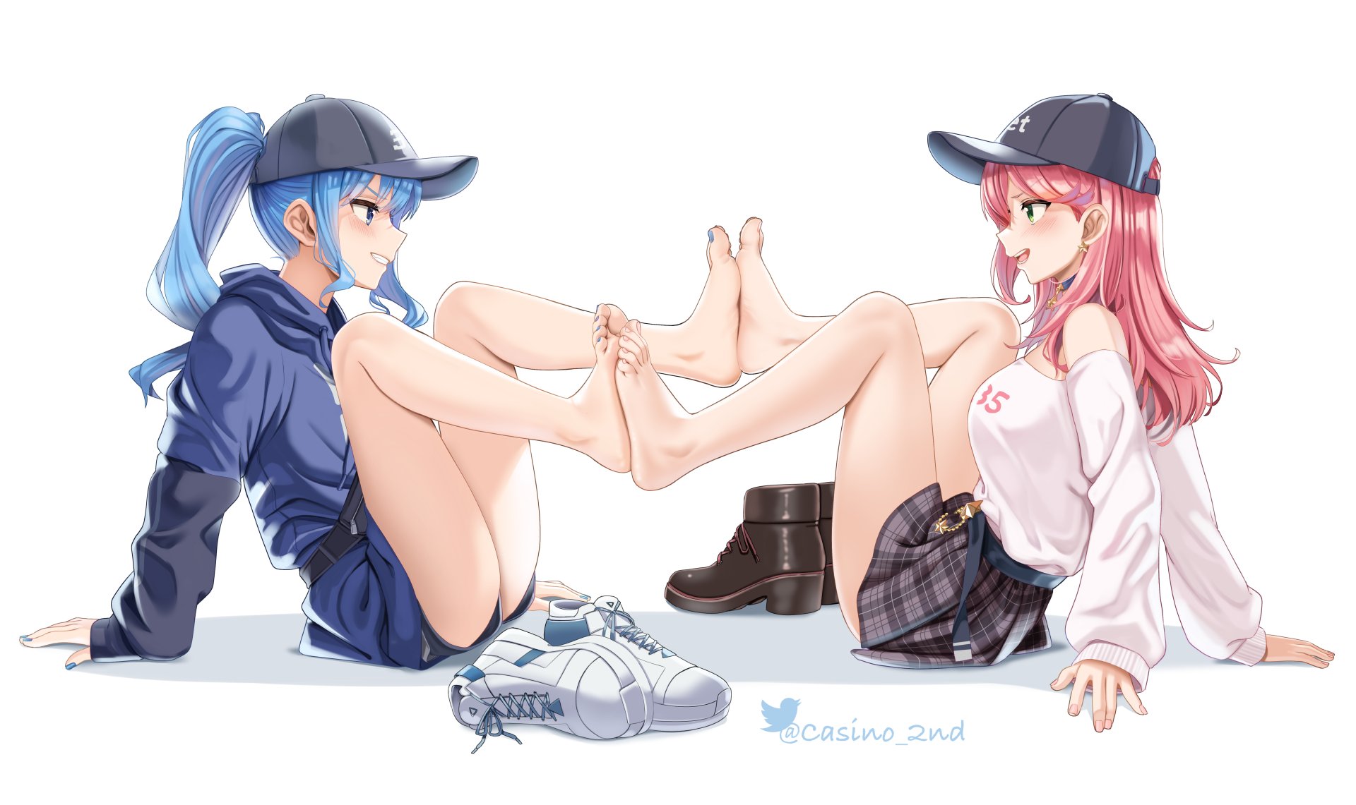 2girls, barefoot, baseball cap, casino (casinoep), clothed, feet together, female, footsie, hololive, hololive gen 0, hololive japan, hoshimachi suisei, long hair, painted nails, ponytail, sakura miko, sweater, virtual youtuber, watermark