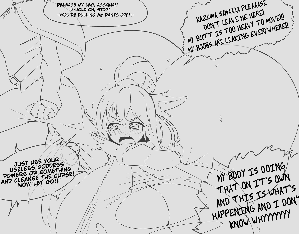 1boy, 1girls, 2022, aqua (konosuba), ass, ass expansion, big ass, breast expansion, breast growth, breast growth (enlargement), breasts, cleavage, crying, curvaceous, curvy, dialogue, english, english text, expansion, female, female focus, gigantic ass, gigantic breasts, hi res, high resolution, highres, hips, huge ass, huge breasts, huge thighs, hyper, hyper ass, hyper breasts, kazuya zoey, kono subarashii sekai ni shukufuku wo!, long hair, looking back, male, satou kazuma, speech bubble, tears, text, thick ass, thick thighs, thigh expansion, thighs, voluptuous, wardrobe malfunction, wide hips