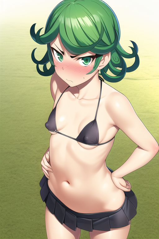 1girls, ai generated, bikini top, breasts, female, female only, green eyes, green hair, miniskirt, nai diffusion, nipples, one-punch man, small breasts, solo, solo female, stable diffusion, tatsumaki