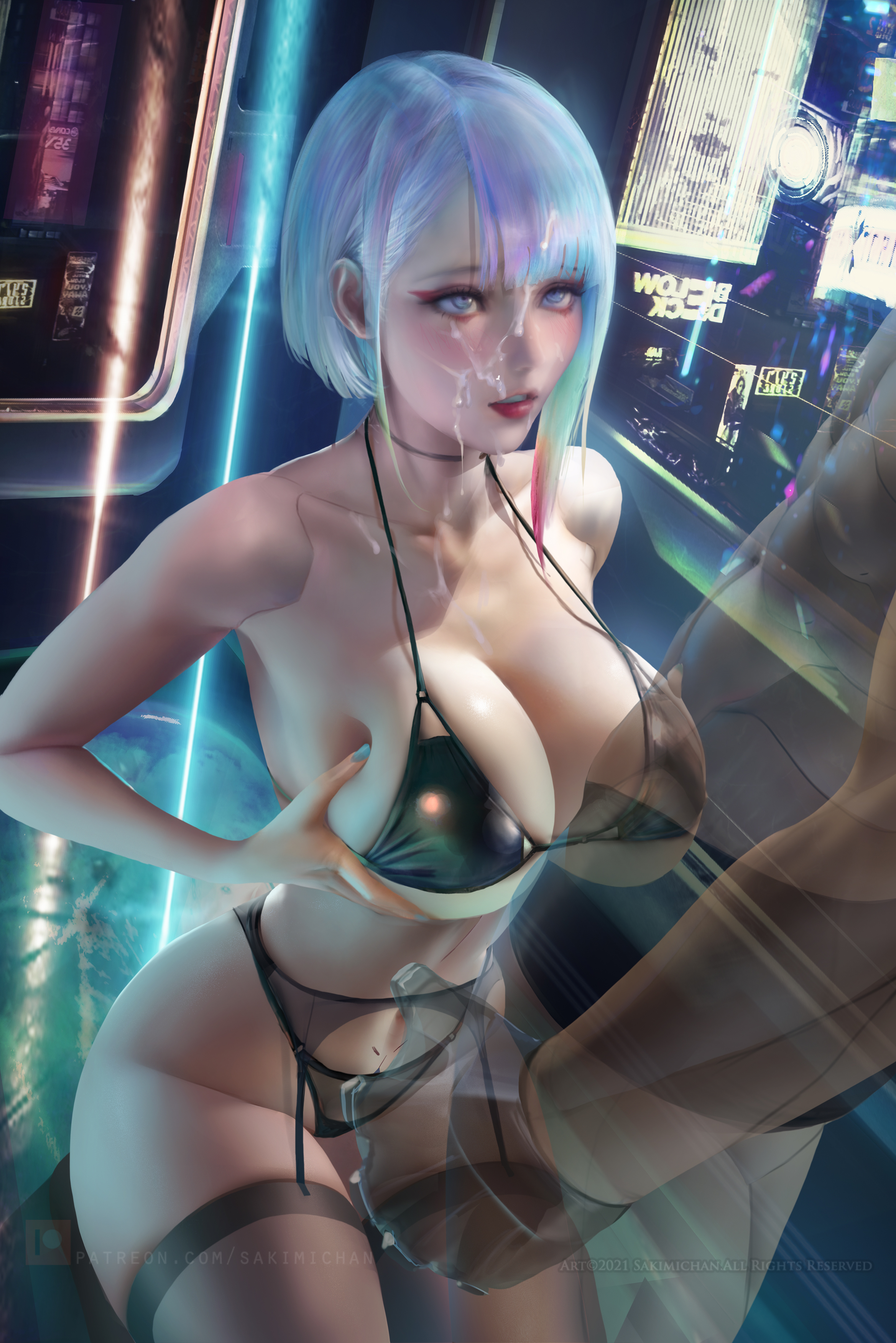 breasts, cd projekt red, cyberpunk 2077, cyberpunk: edgerunners, faceless male, female, hartman hips, huge breasts, lingerie, lucyna kushinada, male, no source, sakimichan, small nose, studio trigger, thick thighs, thin eyebrows
