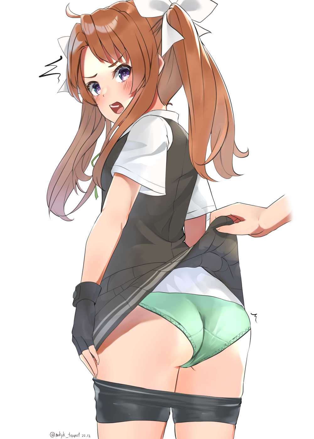 1girls ass assisted_exposure bike_shorts blush brown_hair clothes_pull disembodied_limb embarrassed female fingerless_gloves gloves green_ribbons grey_vest hair_ribbon highres kagerou_(kantai_collection) kantai_collection looking_at_another looking_back makiyuki neck_ribbon open_mouth panties purple_eyes ribbon school_uniform shirt short_sleeves shorts shorts_pull shorts_under_skirt skirt twintails underwear vest white_gloves white_ribbon white_shirt yellow_ribbon