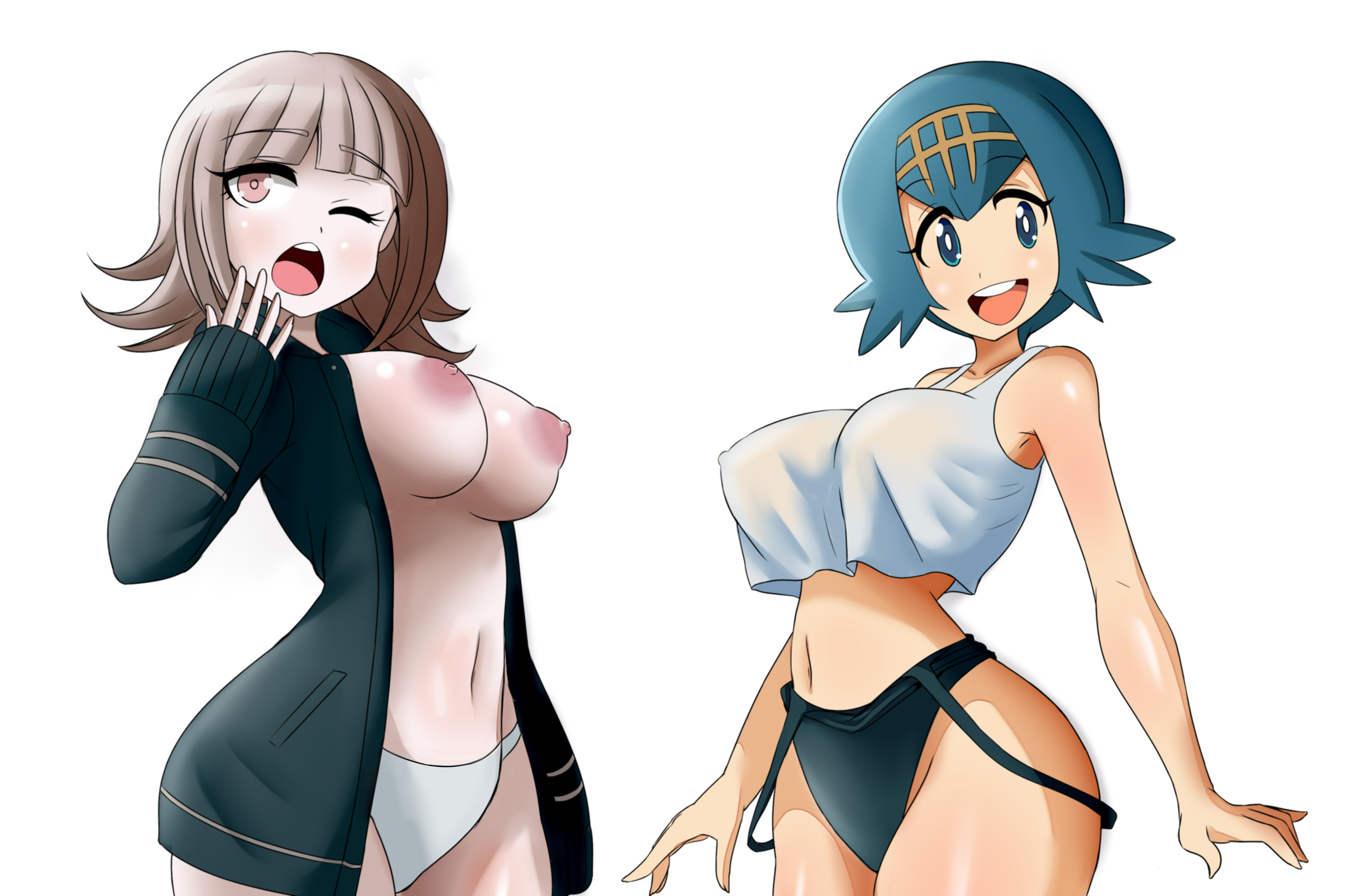 2girls, breasts, crossover, danganronpa, danganronpa 2: goodbye despair, erect nipples, exposed breasts, female, female focus, female only, huge breasts, lana (pokemon), large breasts, lucyfercomic, mob face, multiple females, multiple girls, nanami chiaki, nintendo, nipple bulge, nipples, open clothes, panties, pokemon, pokemon sm, straight hair, super danganronpa 2, thick thighs, thighs, thong