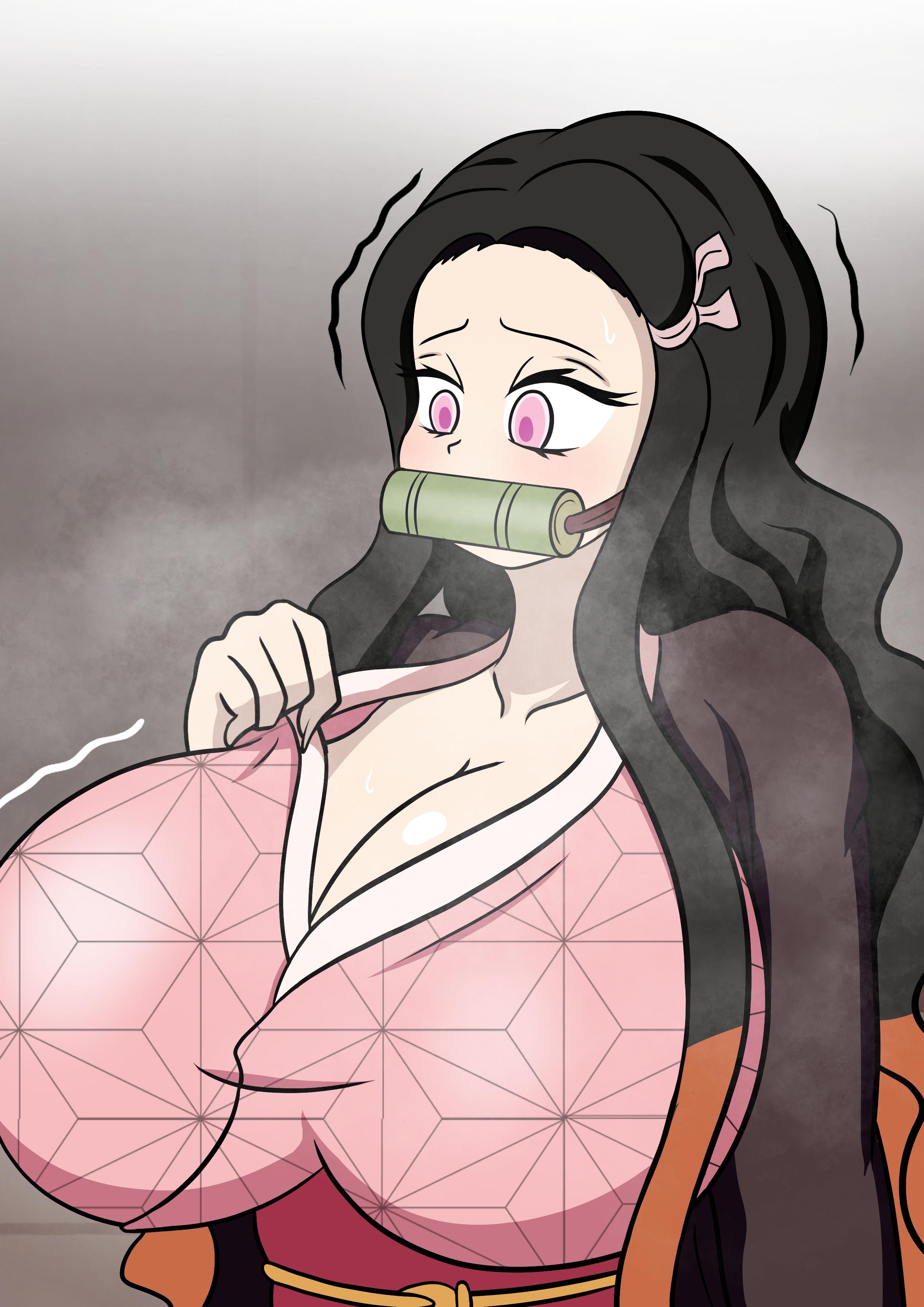 1boy, 1girls, breasts, cleavage, demon slayer, dibuctor, female, huge breasts, kamado nezuko, kimetsu no yaiba, large breasts, male
