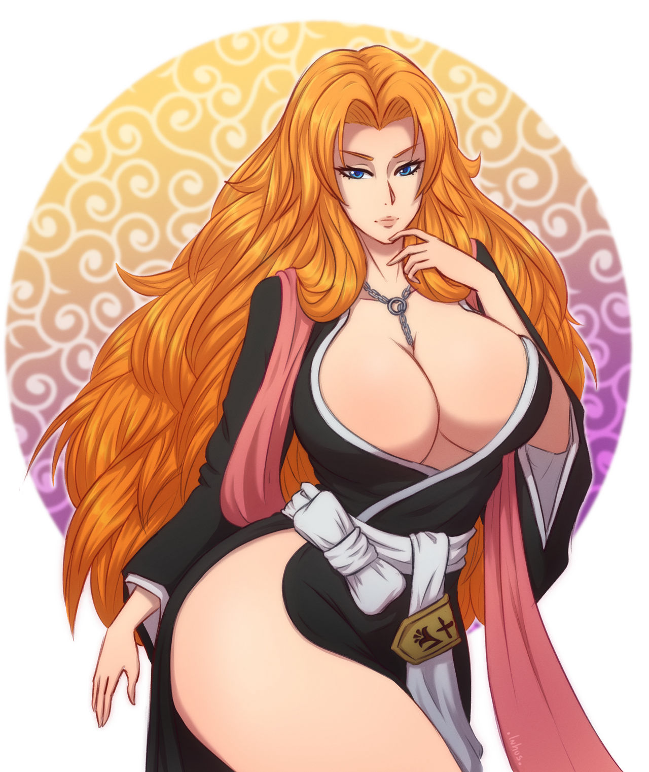 1girls bare_chest bare_legs belt big_breasts bleach blue_eyes breasts bust busty chains cleavage clothed clothes clothing feet_out_of_frame female female_only hips hourglass_figure huge_breasts human human_only inhus jewelry kimono large_breasts long_hair looking_at_viewer matsumoto_rangiku necklace no_bra obi orange_hair parted_bangs pendant pinup revealing_clothes robe scarf slim_waist solo solo_female solo_focus thick thick_thighs thighs very_long_hair voluptuous wavy_hair wide_hips wide_sleeves