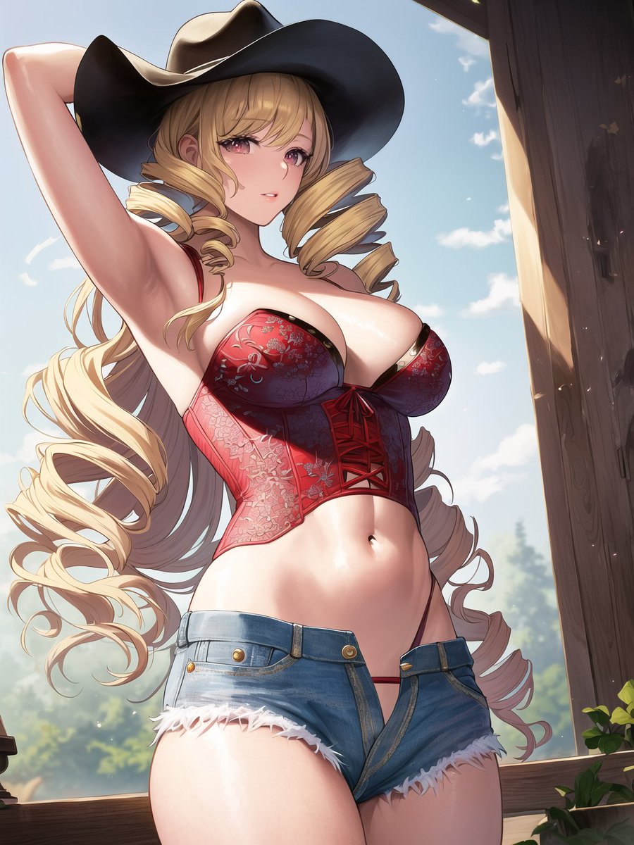 1girls, ai generated, cowgirl, cowgirl outfit, curvaceous, curves, curvy female, farmgirl, female, female only, high resolution, highres, long hair, looking at viewer, nai diffusion, original, seductive look, solo, stable diffusion, tagme, voluptuous, voluptuous female