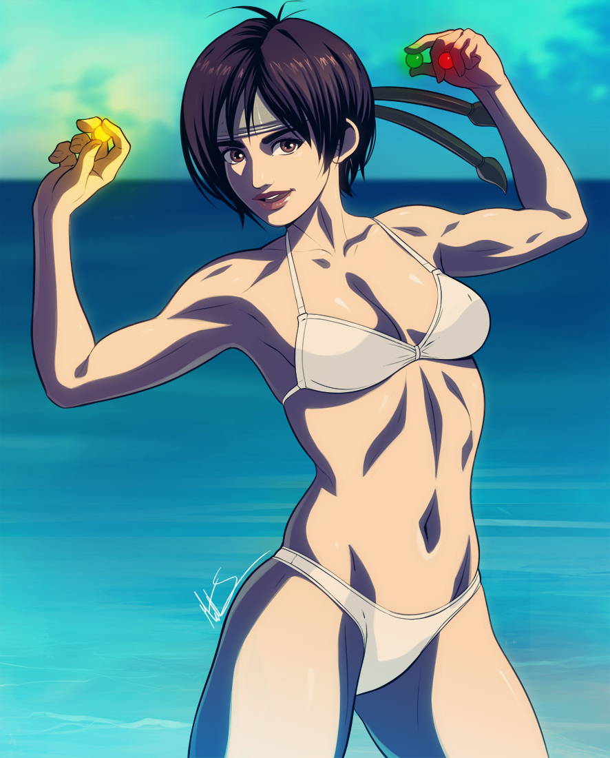 1girls athletic_female beach bikini black_hair brown_eyes cleavage final_fantasy final_fantasy_vii fit_female headband looking_at_viewer materia medium_breasts seaside short_hair triplexmile yuffie_kisaragi