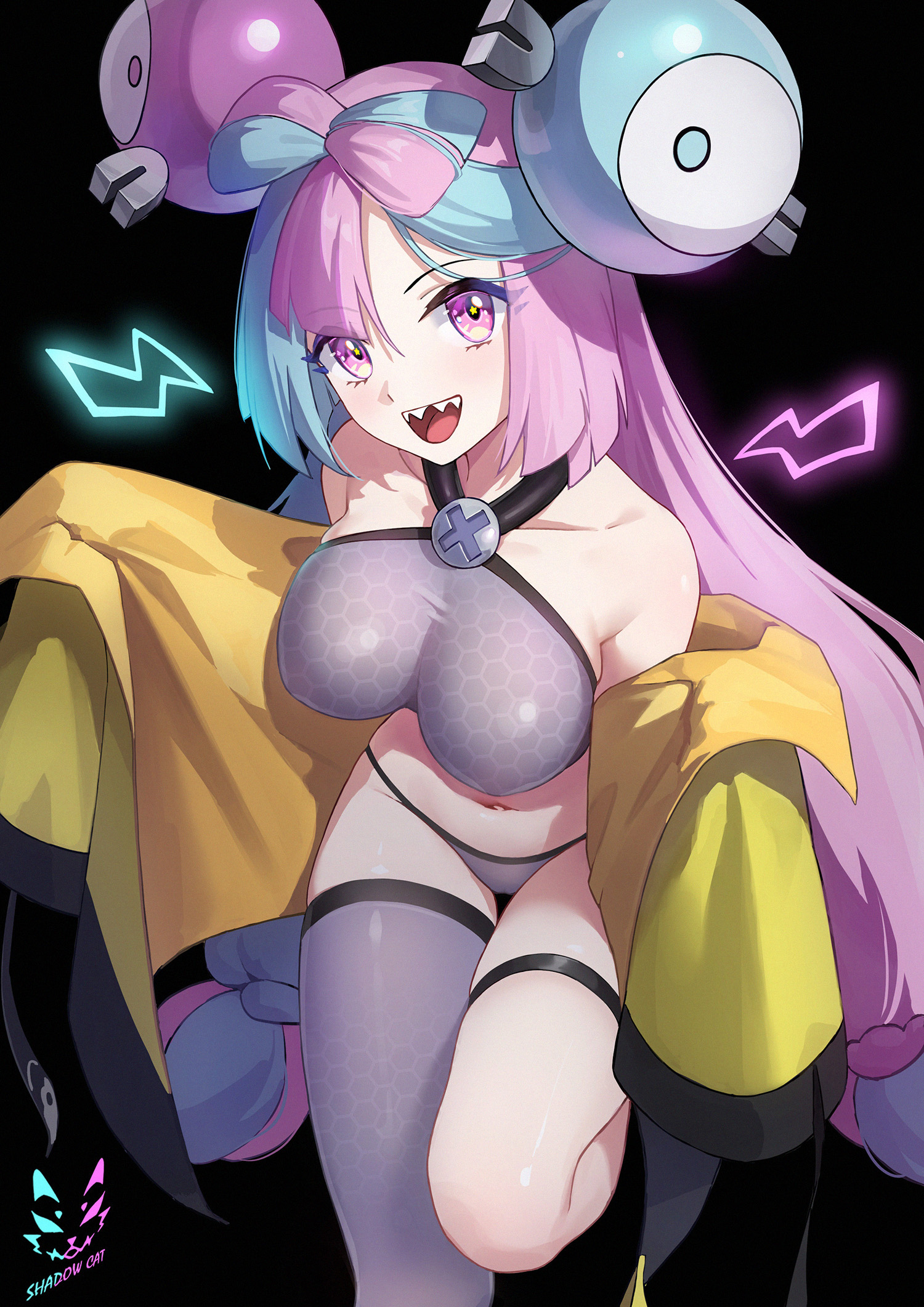1girls, big breasts, breasts, crop top, female, iono (pokemon), jacket, midriff, open mouth, panties, pink eyes, pink hair, pokemon, pokemon sv, revealing clothes, shadow cat, sharp teeth, single thighhigh, smile, solo female, thighhighs