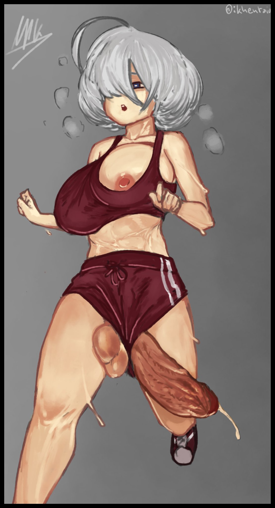 1futa, ahoge, areola slip, areolae, balls, bangs, breasts, casual exposure, casual nudity, clothed, clothing, erection, functionally nude, futa only, futanari, hair over one eye, huge cock, human, ineffective clothing, intersex, khentaiu, light skin, light-skinned futa, medium hair, mostly clothed, mostly nude, nipples, nude, nude futa, penis, penis through leghole, precum, running, short shorts, shorts, silver hair, solo, standing, white hair, workout, workout clothes