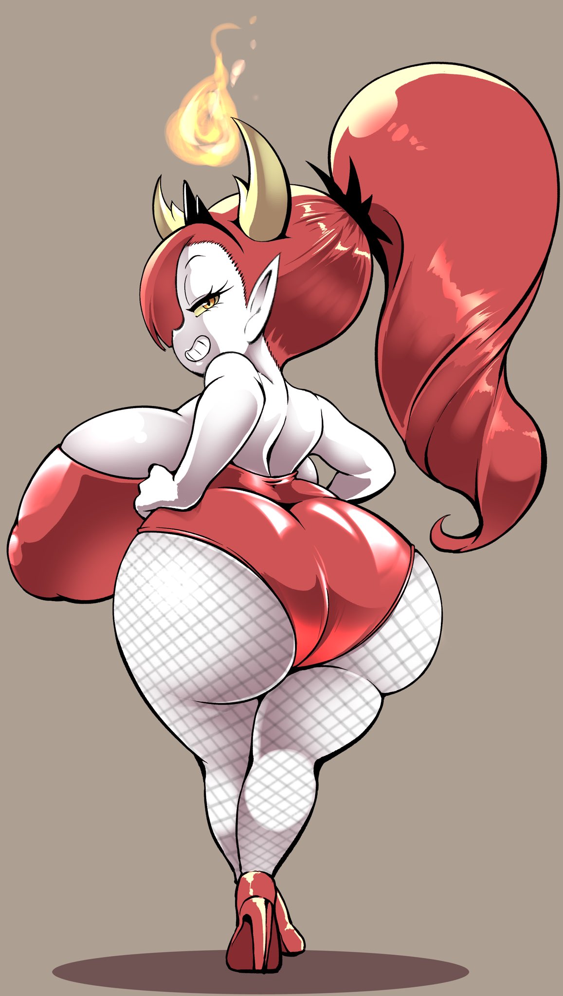 1girls, ass, bare shoulders, big ass, big breasts, big butt, breasts, bunnysuit, cleavage, clothed, clothing, cocco, demon, demon girl, female, female focus, female only, fishnet, fishnet legwear, fishnets, hekapoo, high heels, horns, huge ass, huge breasts, large ass, large breasts, long hair, looking at viewer, looking back, nipple bulge, red eyes, red hair, shortstack, simple background, smaller female, smile, solo, solo female, standing, star vs the forces of evil, voluptuous, wide hips, yellow sclera