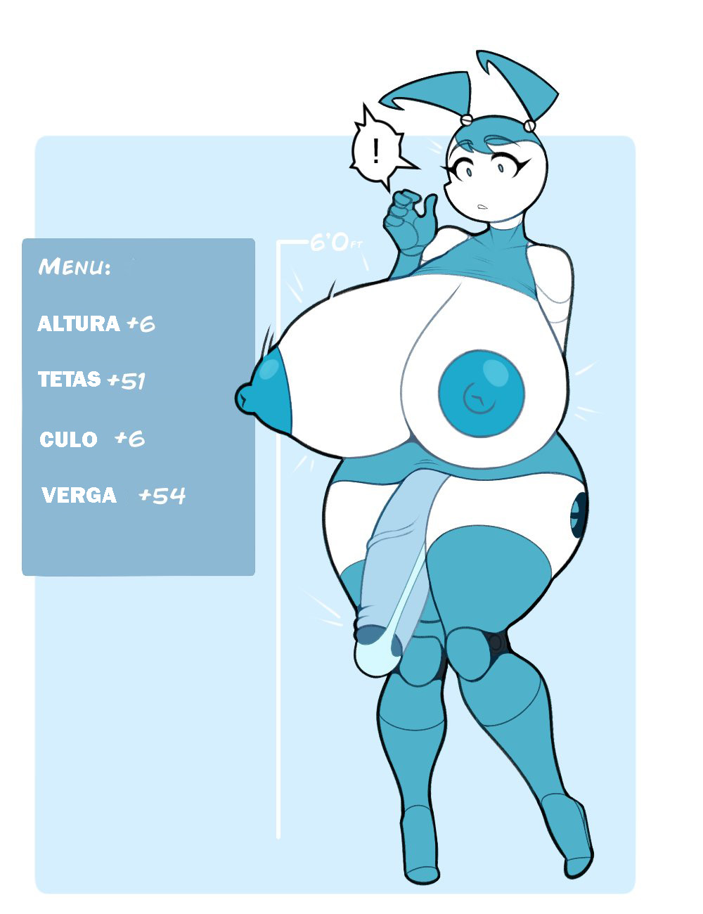 1futa, ass expansion, blue hair, breast expansion, breast growth, breast growth (enlargement), breasts, comic page, female, futa only, futa transformation, futanari, gynoid, intersex, jenny wakeman, my life as a teenage robot, nickelodeon, penis, penis in panties, penis under skirt, robot, robot futa, robot girl, robot penis, spanish text, surprised, transformation, xj-9, zetaskully