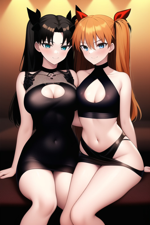 2girls ai_generated arms_around_waist asuka_langley_sohryu black_dress black_hair blue_eyes choker cleavage cleavage_cutout clothing_cutout dress fate/stay_night fate_(series) female female_only indoors inside looking_at_viewer midriff multiple_girls nai_diffusion navel neon_genesis_evangelion orange_hair revealing_clothes seductive_smile short_dress shoulders side_by_side sitting smile stable_diffusion thighs tight_dress tohsaka_rin twintails