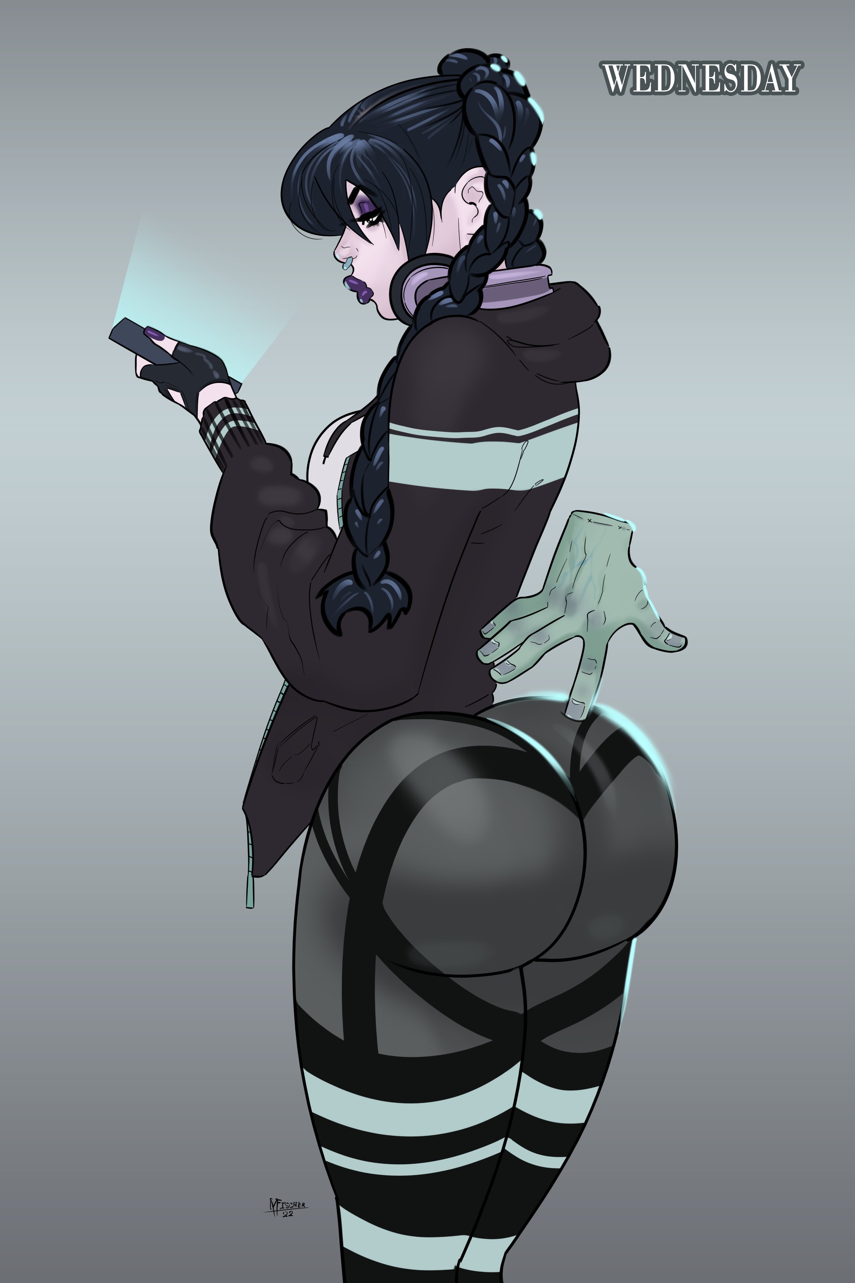 1girls, ass, big ass, black eyes, black hair, breasts, bubble ass, bubble butt, disembodied hand, eyeshadow, fat ass, female, female focus, female only, goth, goth girl, huge ass, jacket, leggings, light skin, light-skinned female, lipstick, long hair, makeup, medium breasts, meinfischer, pale skin, pale-skinned female, piercing, septum piercing, sideboob, skin tight, standing, tagme, the addams family, thing (addams family), twin braids, wednesday addams, wide hips