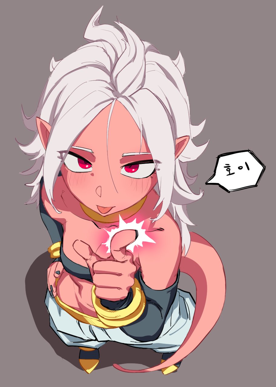 1girls android_21 arabian_clothes bare_shoulders black_nails bracelet breasts dialogue_box dragon_ball dragon_ball_fighterz dragon_ball_z finger_gun harem_outfit highres jewelry korean_text looking_at_viewer looking_up magic majin_android_21 medium_breasts navel necklace pink_skin pointy_ears red_eyes seductive_smile smile solo solo_female spiky_hair tail tongue tongue_out white_hair zquung