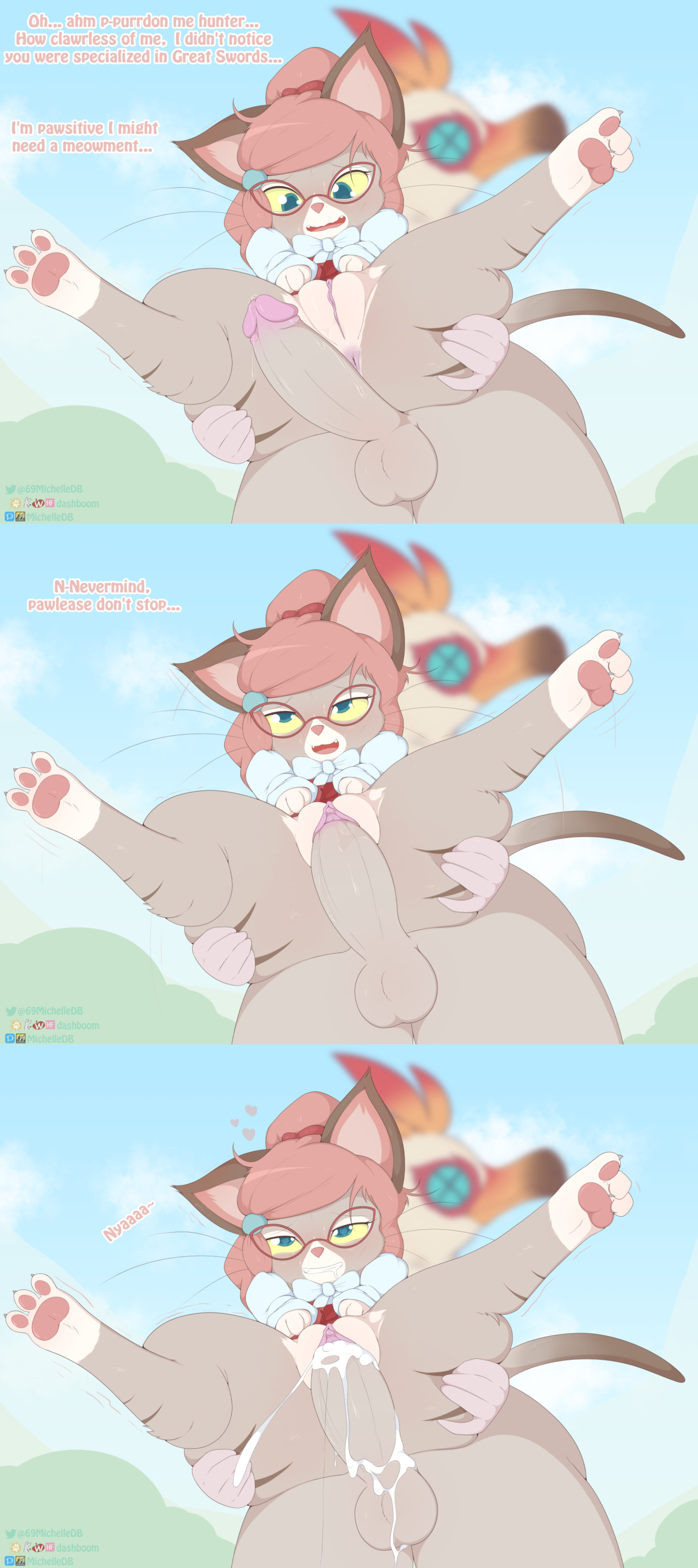 a cat is fine too, big penis, butterfly position, cum in pussy, dashboom, felyne, female, glasses, male, monster hunter, penis, pink hair, pink tip, pussy, text, tsukino (monster hunter stories), vaginal penetration, vaginal sex
