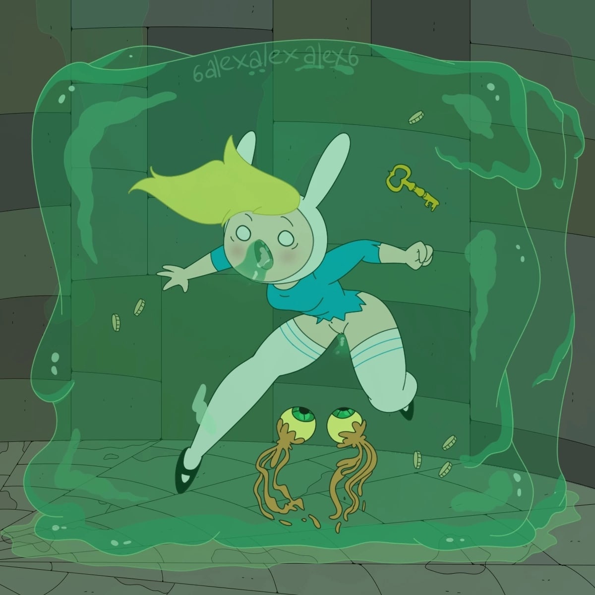 1girls, 6alexalexalex6, accurate art style, adventure time, blonde hair, blue shirt, bunny ears, bunny hood, cartoon network, clothing, female, fionna the human girl, full body, hair, human, long hair, mary janes, mob face, open mouth, oral, oral penetration, pussy, shirt, shoes, slime, slime monster, socks, solo, thighhighs, white skin, white socks, white thighhighs