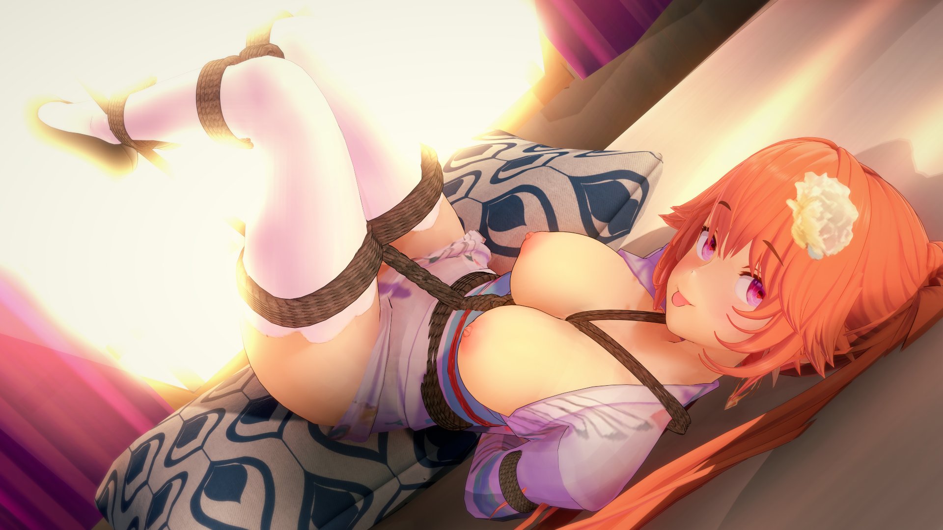 1girls, 3d, areolae, bondage, breasts, breasts out, cushion, eyebrows visible through hair, female, female only, flower in hair, hololive, hololive english, hololive myth, light skin, light-skinned female, lying, lying on back, nipples, on back, orange hair, pillow, purple eyes, restrained, rope, rope bondage, solo, solo female, takanashi kiara, tied up, tongue, tongue out, virtual youtuber, wataamage