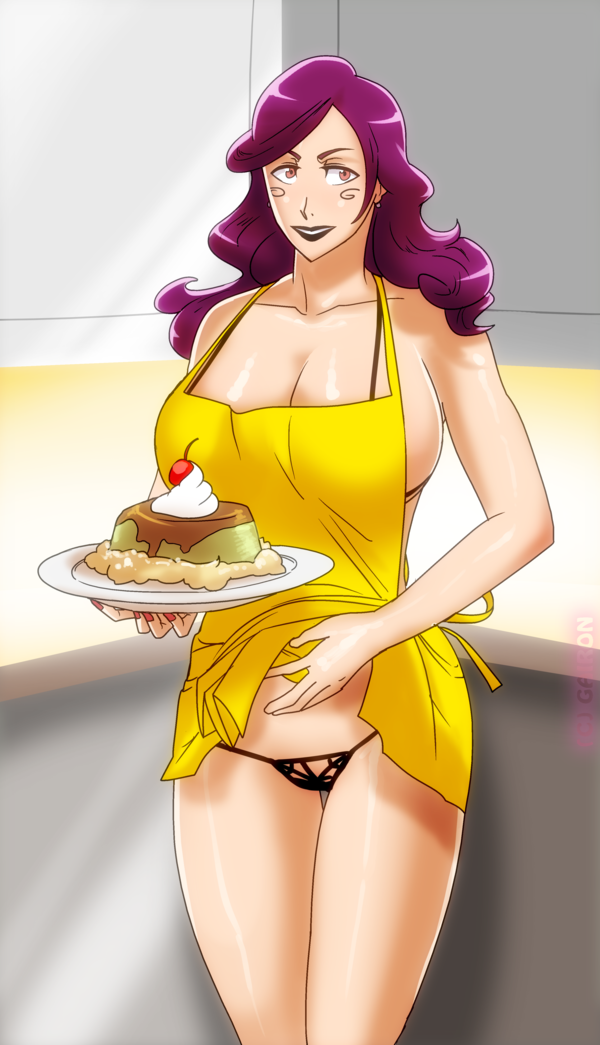 1girls apron bleach bleach:_the_thousand-year_blood_war breasts cheek_swirl dessert female food gairon hikifune_kirio holding_object huge_breasts mature mature_female nail_polish naked_apron no_bra panties purple_hair solo solo_focus underwear voluptuous