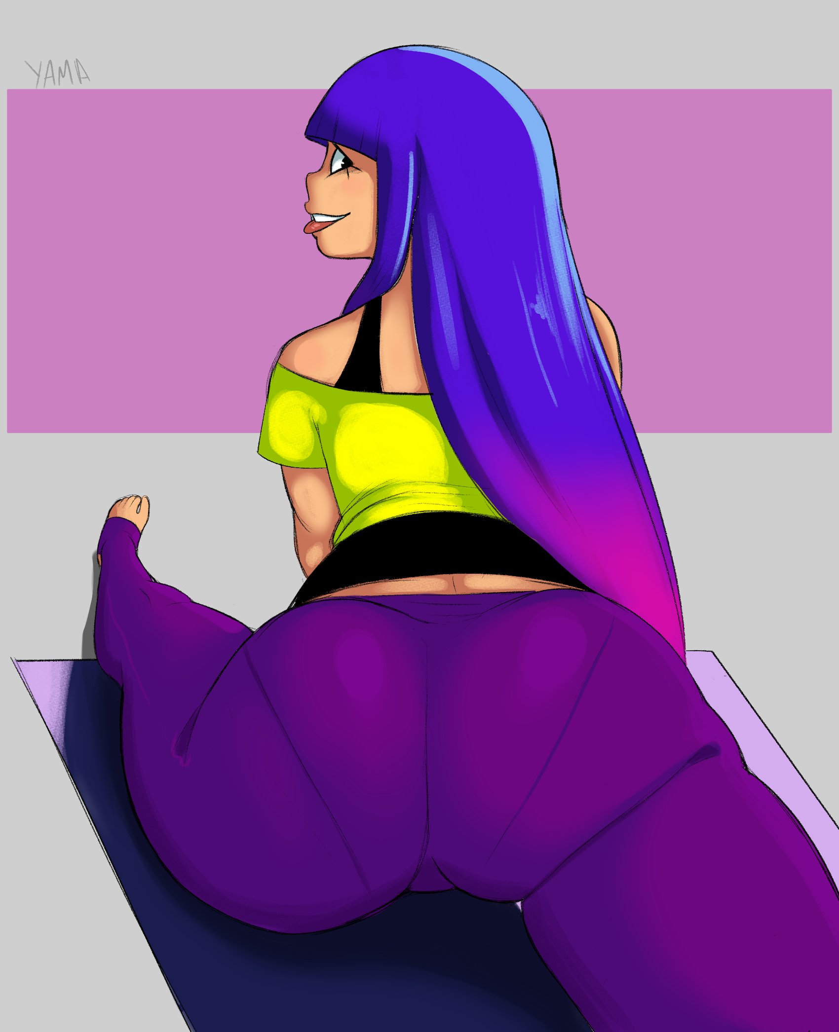 1girls, alternate version available, ass, ass focus, big ass, bottomwear, clothing, feet, female, female only, glitch techs, huge ass, legs, long hair, miko kubota, pants, pantylines, purple hair, purple pants, solo, solo female, splits, straight hair, thick thighs, thighs, toeless legwear, tongue, tongue out, topwear, yamathegod