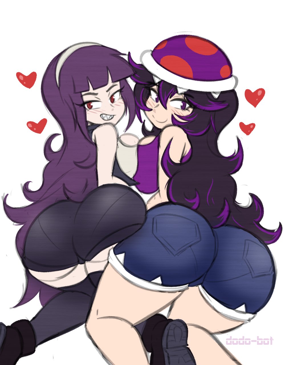 2girls bent_over big_ass blush breast_squeeze breast_to_breast clothed denim_shorts dodo-bot female female_only heart long_hair looking_back mario_(series) nintendo original original_character piranha_plant piranha_plant_girl purple_eyes purple_hair red_eyes seductive stockings tank_top white_background