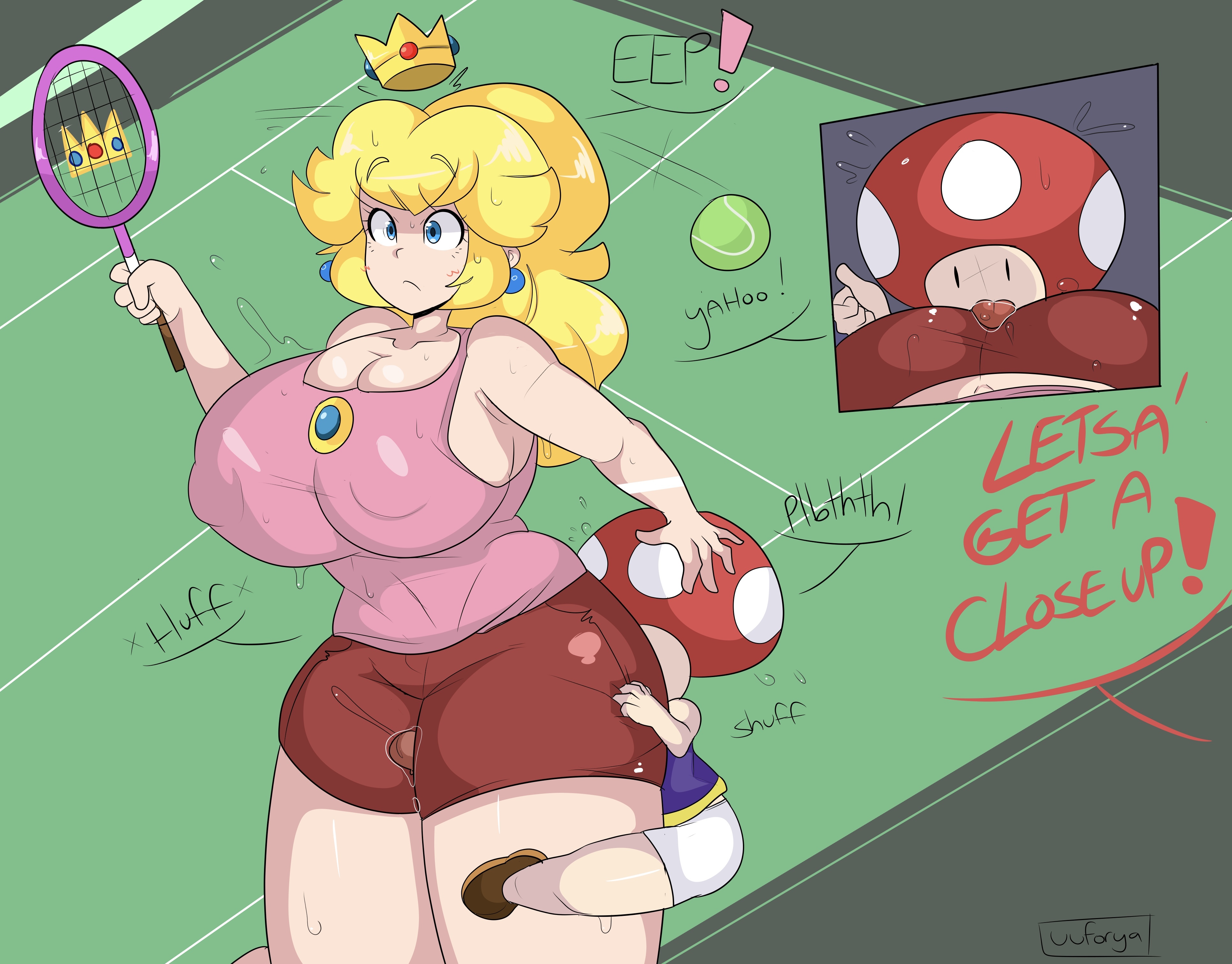 1boy, 1girls, absurd res, absurdres, alternate version available, areola bulge, ass, big ass, big breasts, big butt, big penis, bigger female, blonde hair, blue eyes, blush, breasts, busty, cleavage, crown, curvy, earrings, female, fully clothed, hi res, high resolution, highres, large ass, large breasts, large penis, larger female, licking, licking ass, light skin, light-skinned female, light-skinned male, male, male/female, mario (series), mario tennis, medium hair, nintendo, outdoors, outside, penis, penis between legs, penis between thighs, precum, precum drip, princess peach, royalty, shorter male, shorts, size difference, smaller male, straight, surprised, surprised expression, sweat, sweatdrop, sweaty body, tagme, tennis racket, tennis uniform, thick thighs, thigh sex, thighs, toad (mario), uuforya, voluptuous