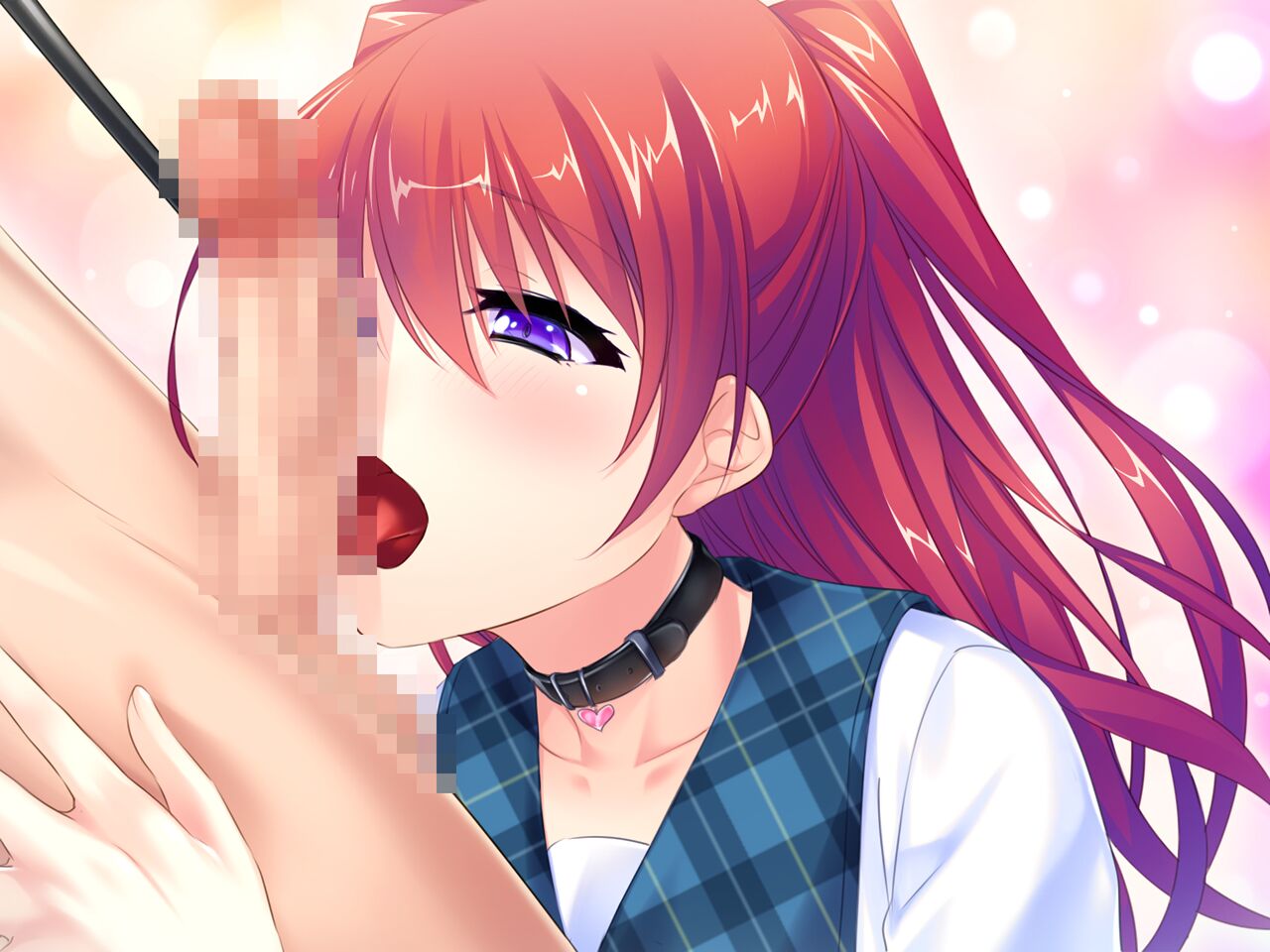 1boy 1girls ayase_hazuki bangs black_collar blue_sailor_collar blush censored clothed_female_nude_male collar collarbone collared_shirt fellatio female game_cg hair_between_eyes half-closed_eyes heart_pendant kurumizaka_rui licking licking_penis long_hair mosaic_censoring nude open_mouth oral penis plaid_sailor_collar purple_eyes red_hair sailor_collar sailor_shirt shiny shiny_hair shirt testicles tongue tongue_out tsundere_idol_wa_boku_dake_no_m_pet twintails very_long_hair white_shirt