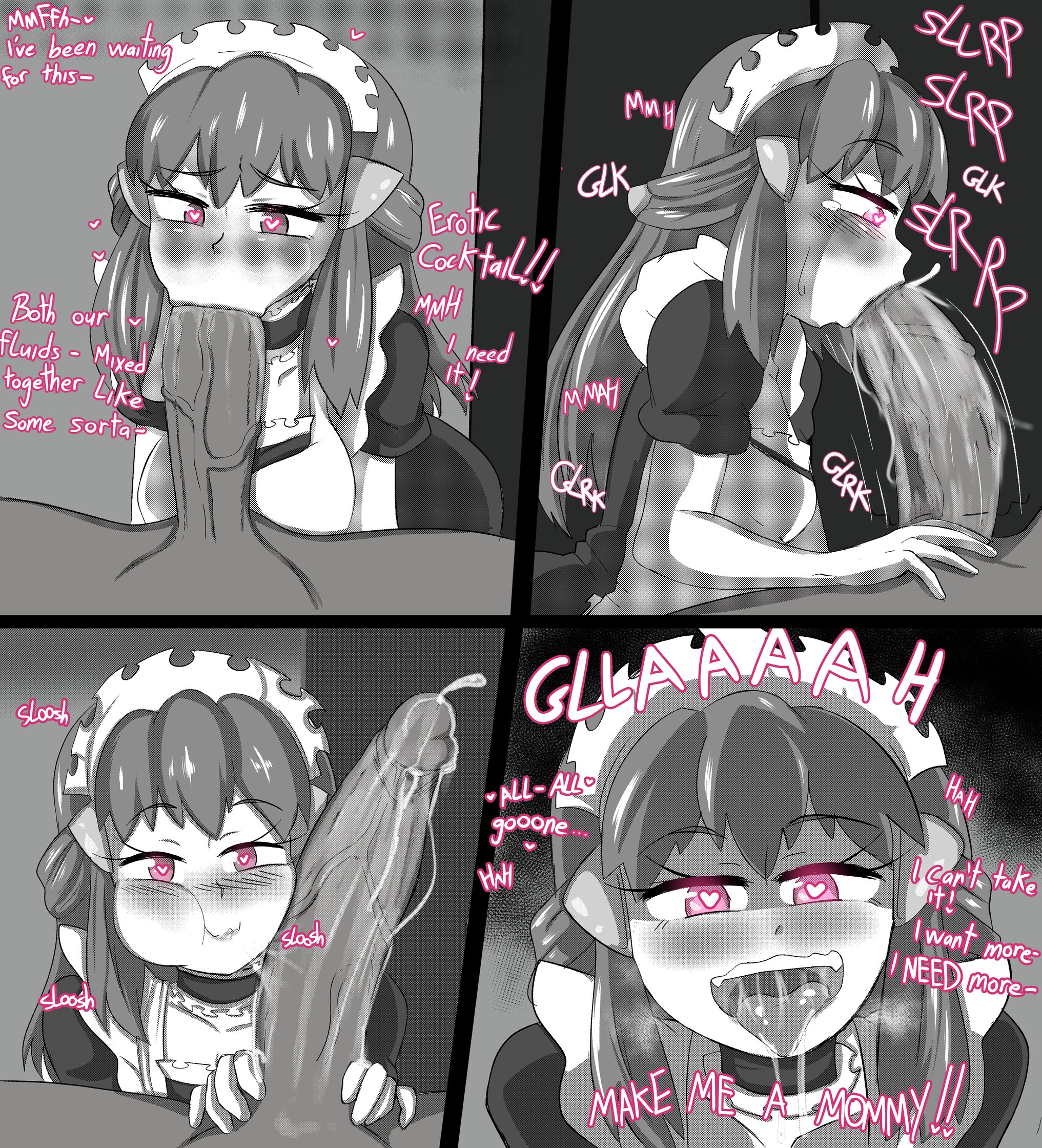 1boy, 1girls, 2022, bedroom, bedroom sex, blowjob, blush, blush lines, blushing profusely, breasts, cum, cum in mouth, dawn (pokemon), fellatio, female, game freak, hair ornament, heart, heart-shaped pupils, impregnation request, lipstick, long hair, maid, maid apron, maid dress, maid headdress, maid outfit, maid uniform, male, monochrome, nintendo, open mouth, open mouth smile, oral, oral sex, penis, penis awe, pink eyes, pokemon, pokemon dppt, protoscene, small breasts, smile, smile at viewer, swallowing, text